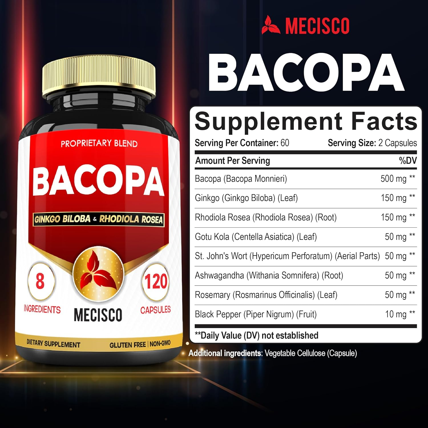 34100Mg Bacopa Supplement Added Ginkgo Biloba, Rhodiola Rosea, Gotu Kola, St Johns Wort, Ashwagandha Root, Rosemary Leaf, Black Pepper - Relax Mood, Memory & Brain Health - 120 Capsules for 2 Months image number 5