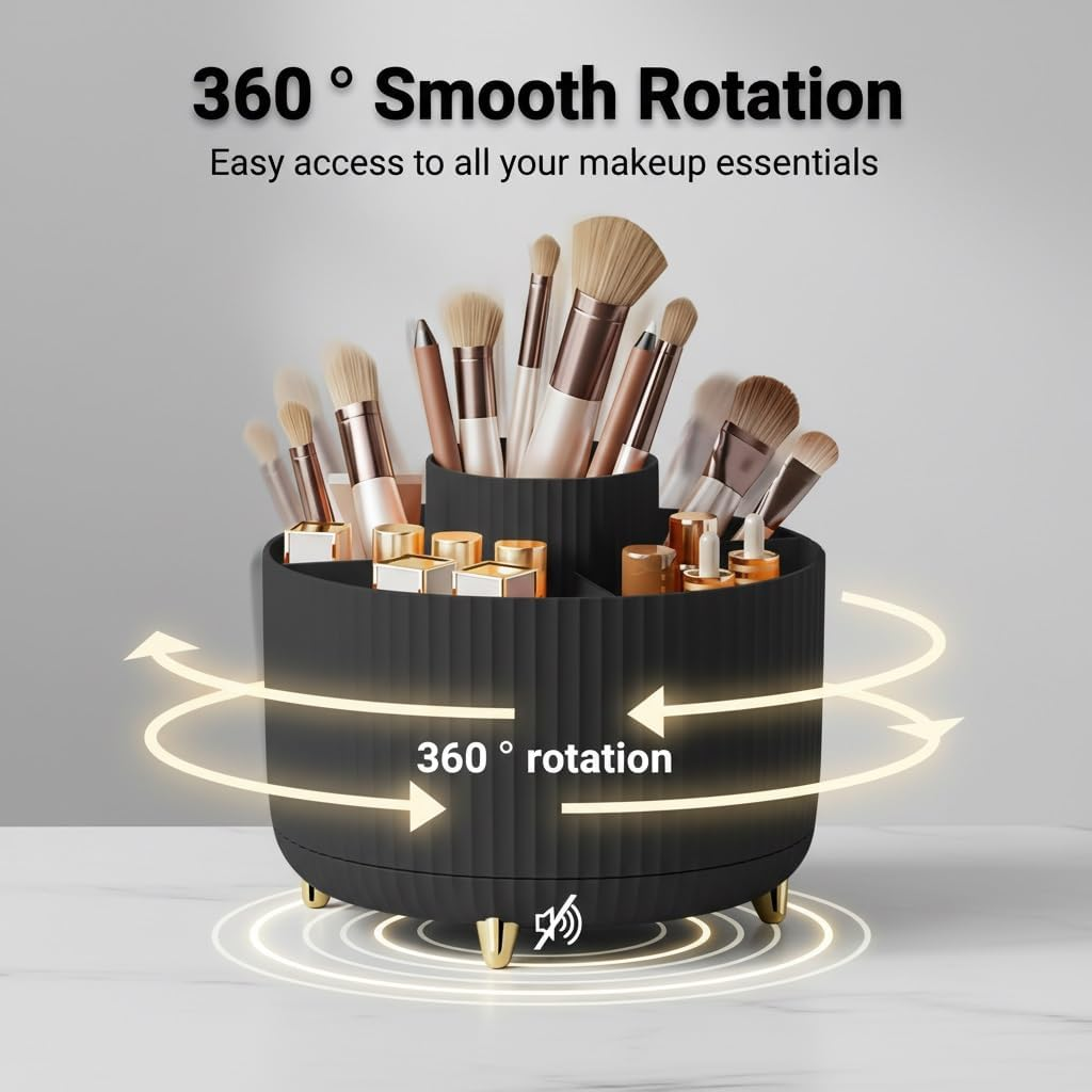 Spinning Makeup Brush Holder, 360&deg; Rotating Makeup Brush Organizer with 5 Slots, Large Capacity Cosmetic Storage Cup for Makeup Brushes, Lipsticks, Nail Polish, Bathroom Vanity Organizer(Black) image number 2