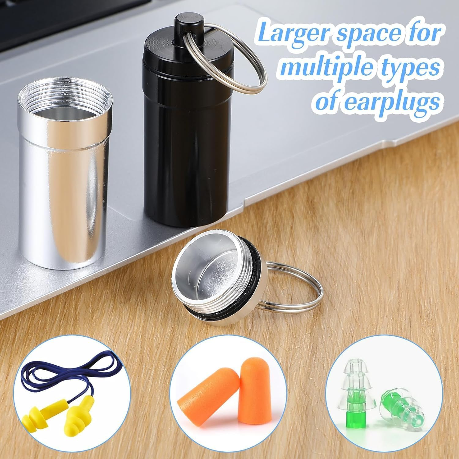 2 Pcs Loops Ear Plug Case, Portable Metal Earplug Case Keychain, Travel Ear Plug Holder, Waterproof Loops Earbuds Storage Container for Outdoor Jewelry Pill Organizer (Black, Silver, One Size) image number 2