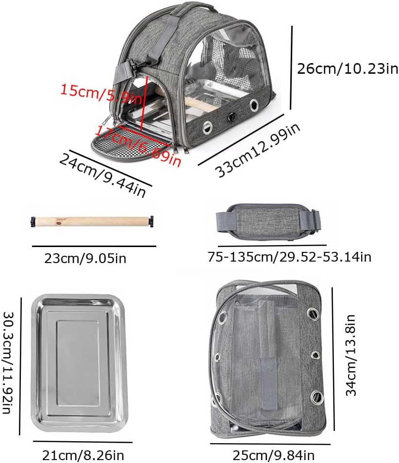Esforzarse Grey Bird Travel Carrier with Stand Perch and Stainless Tray, Pet Transparent Breathable Travel Cage, Portable Small Bird Parrot Parakeet Cockatiel Carrier for Small Cockatiel, Birds,Parrot image number 2