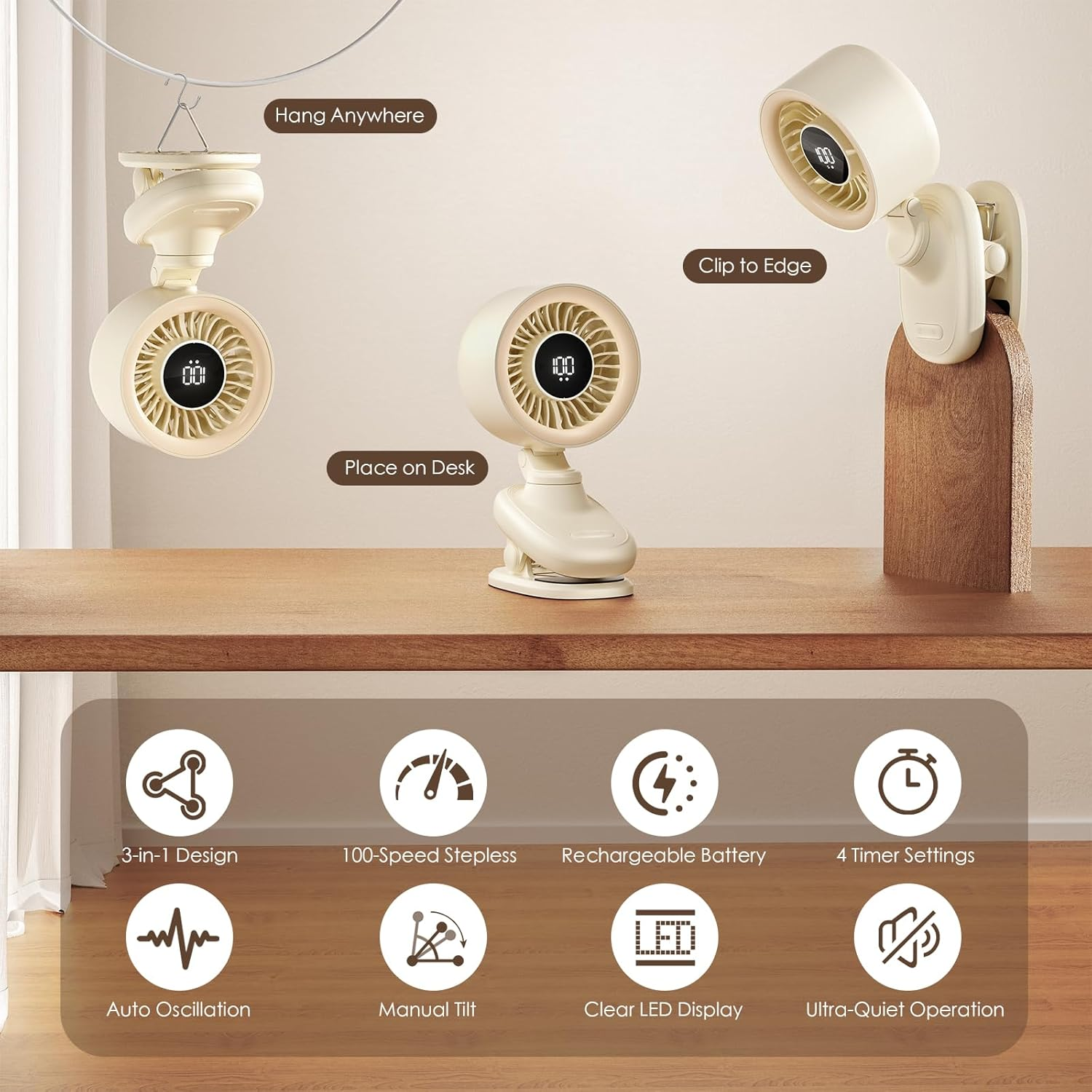 TRILINK Clip on Fan, Small USB Desk Fan with Rechargeable Battery, Oscillation, Timer, Stepless Speed & Ultra Quiet, Mini Portable Table Fan for Home, Desktop, Bedroom, Bed, Office, Travel, & Camping image number 2