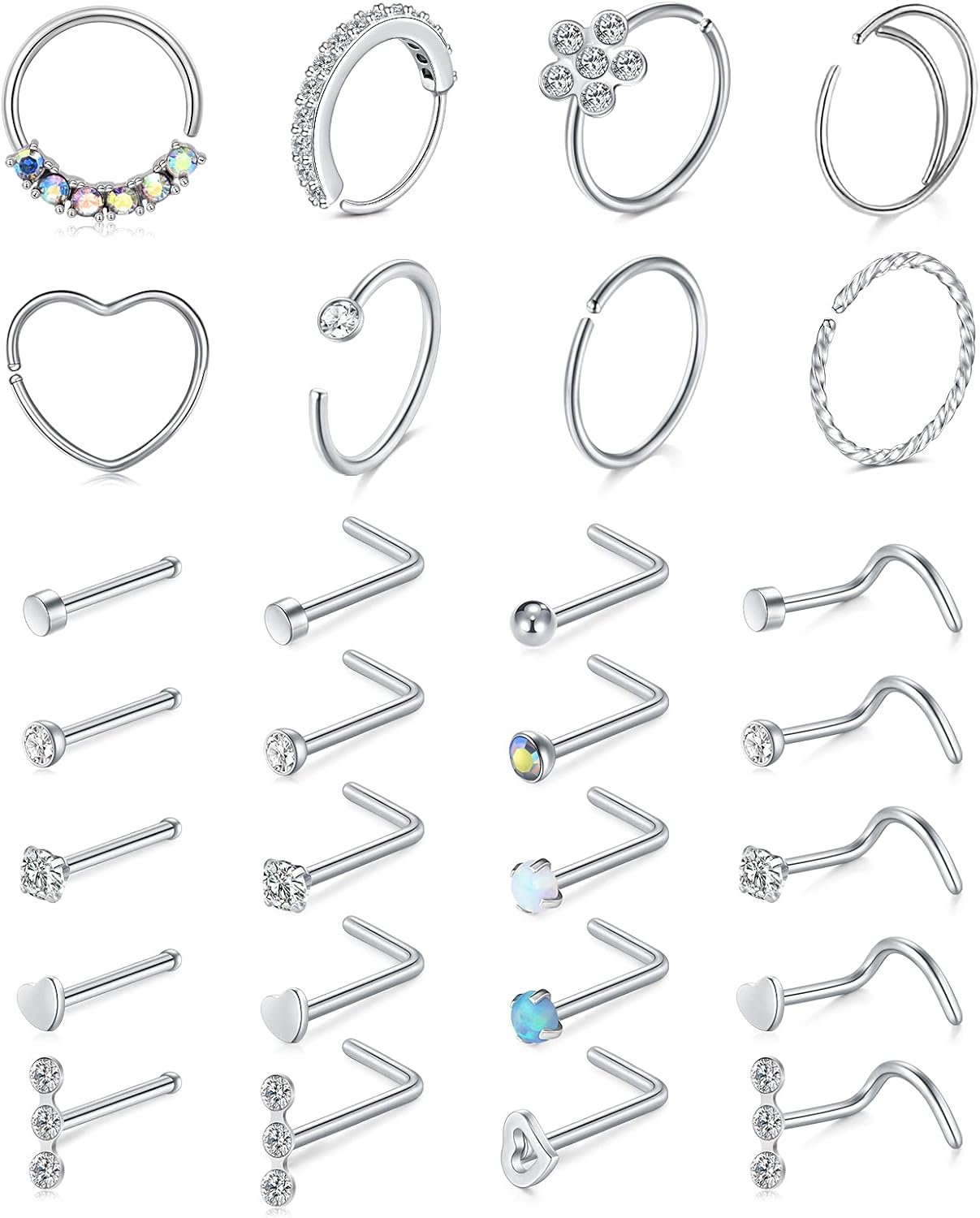 Mayhoop 20G Stainless Steel Nose Rings Hoop L Shape Nose Studs Nose Screw Bone Silver Rose Gold Black Rainbow Pack for Women Men 28Pcs