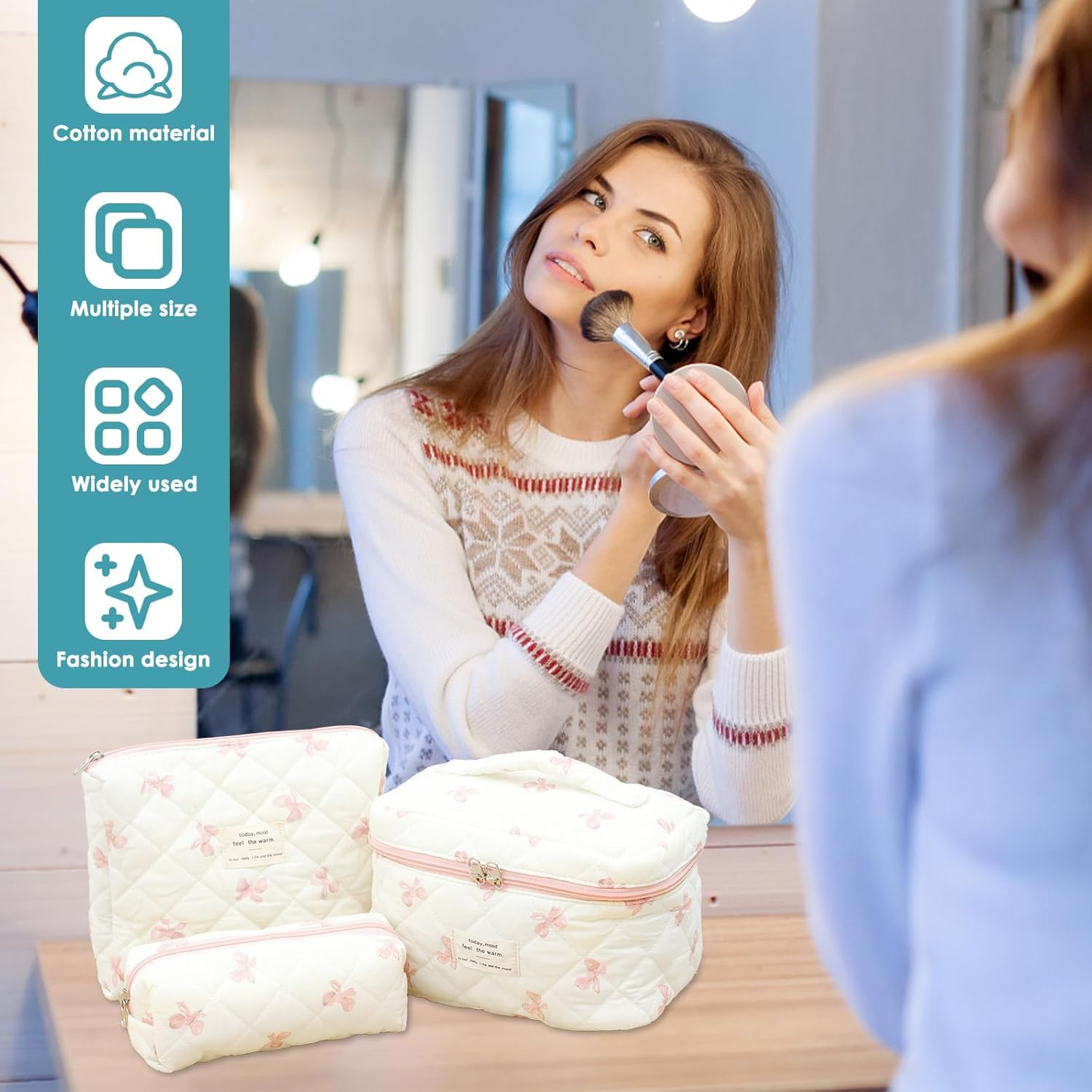 DJAPWPX 3 Pcs Makeup Bag, Cotton Quilted Cosmetic Bag, Cute Travel Makeup Pouch, Multifunctional Cosmetic Pouch Set for Women Girls Ladies (Pink) - Pink image number 3