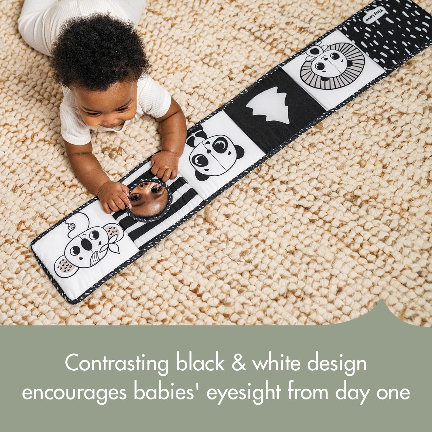 Tiny Love Double-Sided First Book, Black & White Decor Baby Activity Book with 7 Fun Activities , Dual Stage Development with Textures, Sounds, and Mirror, Enhances Cognition, Communication, and Motor Skills image number 4