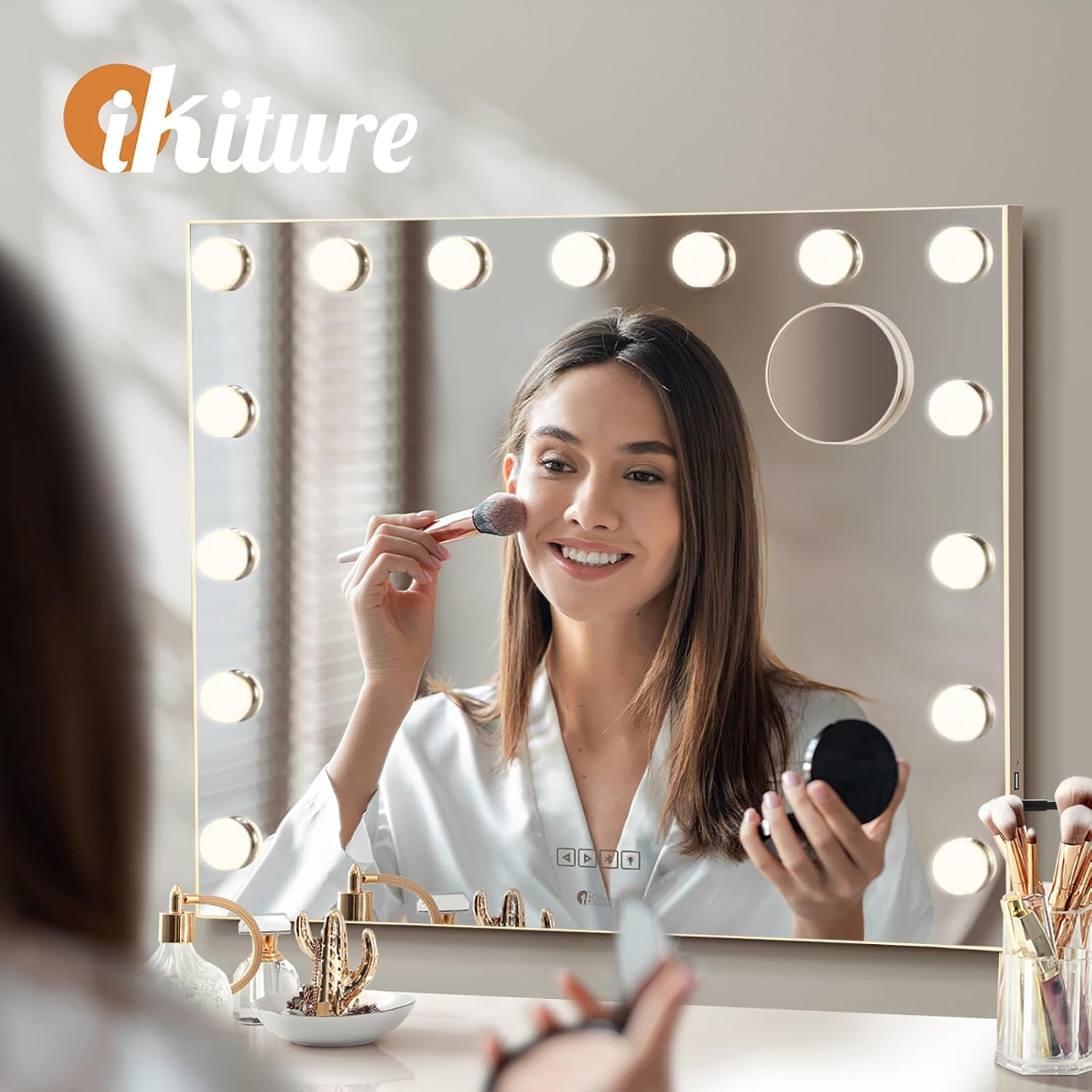 Oikiture Makeup Mirror with Light Hollywood Smart Makeup Mirror with 15 LED Bulbs 60 X 52Cm Bluetooth Speaker USB Power Charging Vanity Mirror with 10X Magnifying Mirror image number 1