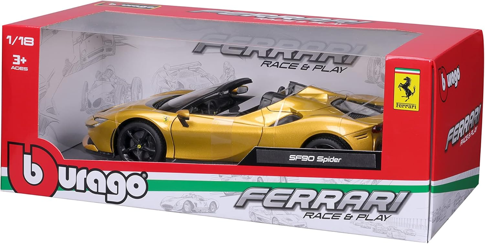 BBURAGO Burago May Chef Group 16016 1:18 Ferrari SF 90 Spider Gold Children'S Vehicle for Ages 3 Years