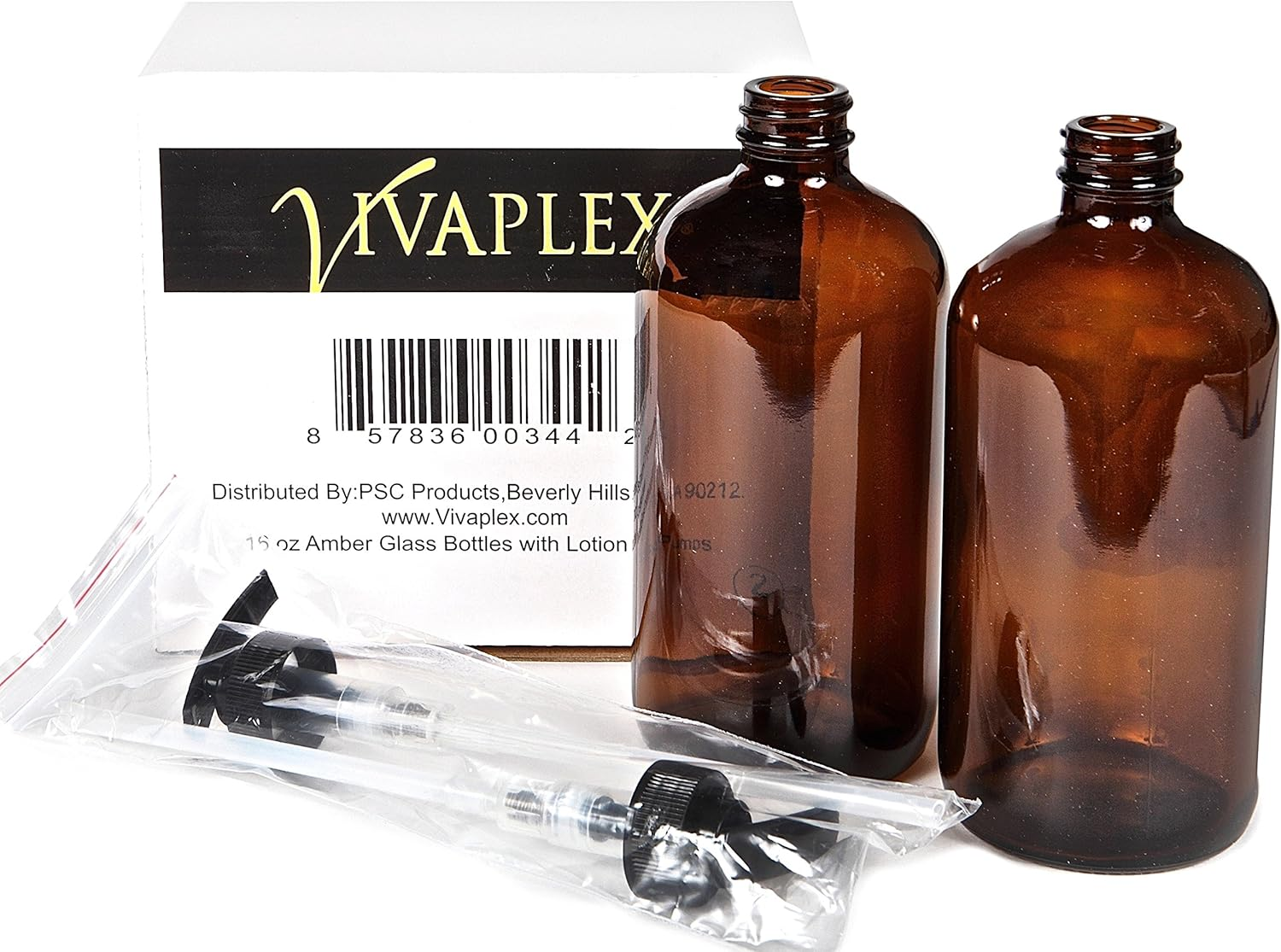 Vivaplex, 2, Large, 16 Oz, Empty, Amber Glass Bottles with Black Lotion Pumps image number 1