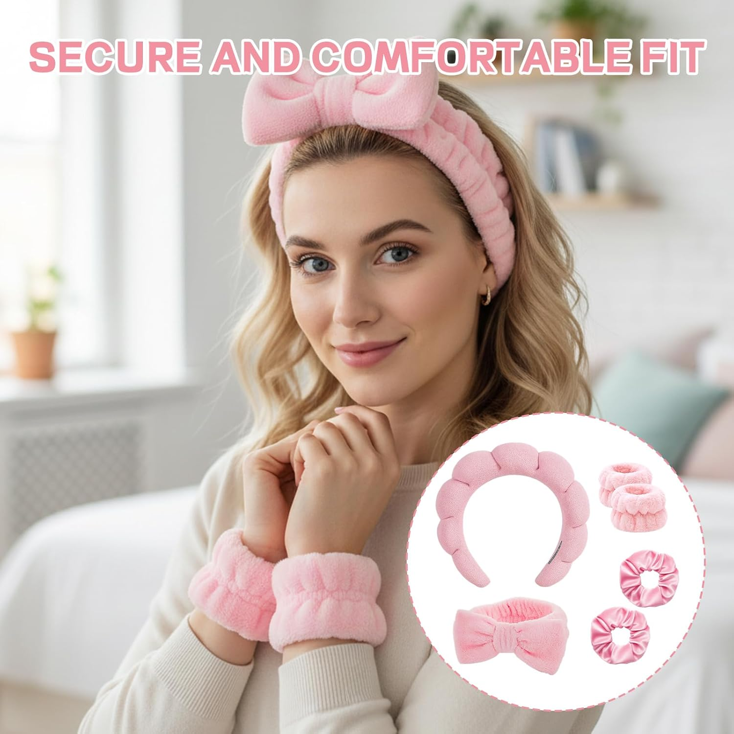 Skincare Headband, 6-Piece Set Pink Makeup Headband for Women and Girls, Facial Accessories for Washing Face, Yoga and Spa, Includes Headband and Hair Clips image number 6