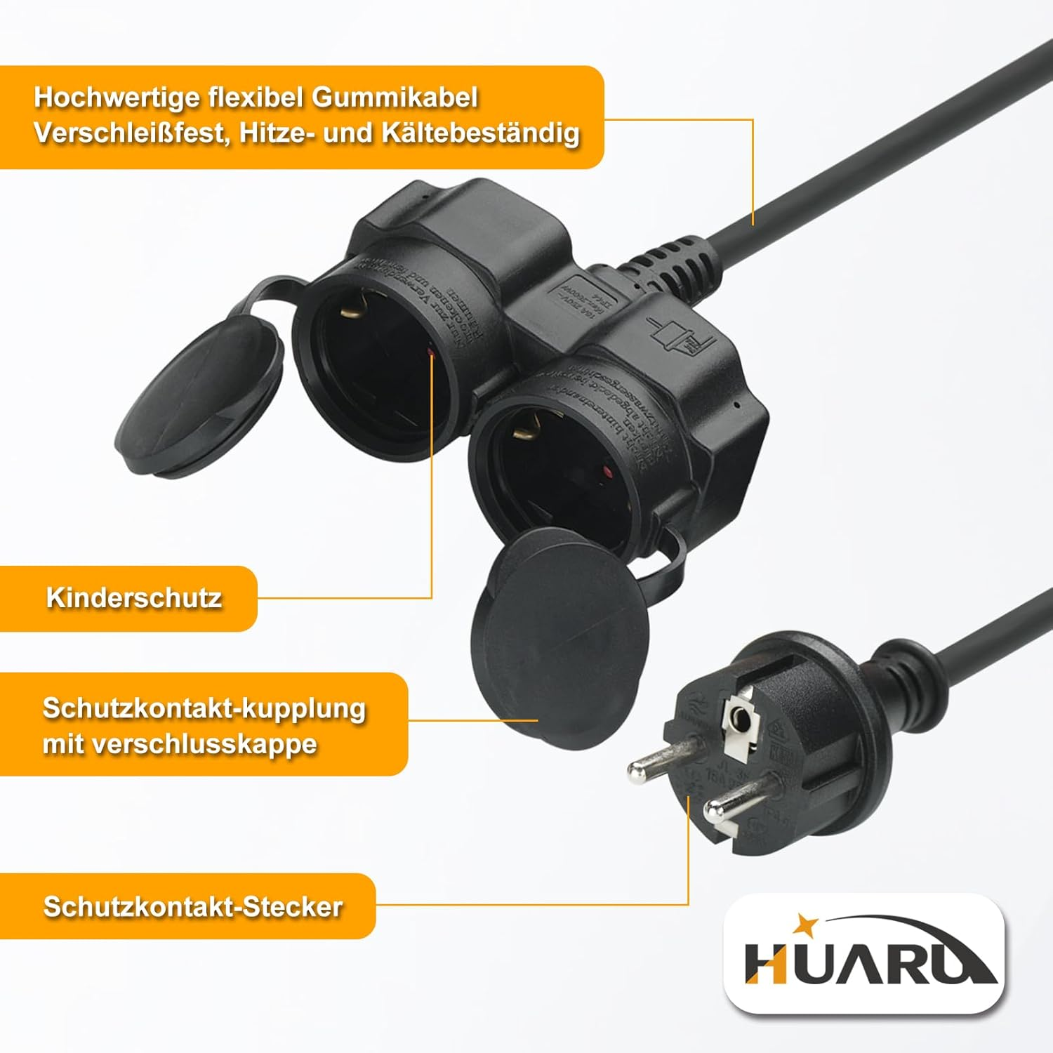 Outdoor Extension Cable 10 M with 2 Schuko Sockets, Double Extension with Protective Cap for Outdoor Use, IP44, Power Cable with Double Coupling, Rubber Cable with 2-Way Sockets, 3500 W, Black image number 6