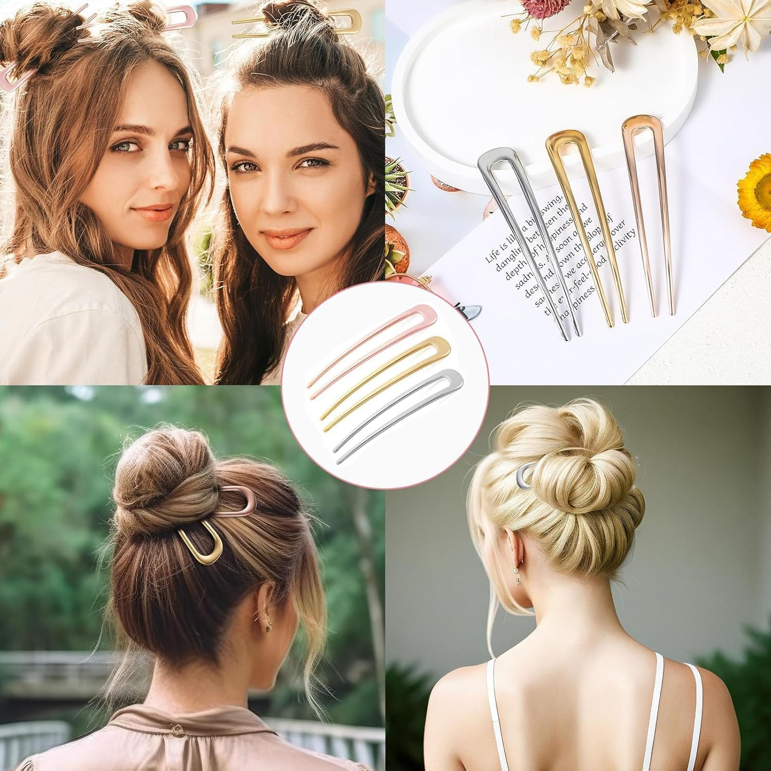 Pack of 3 U-Shaped Hair Pins, French Hairpin, 2 Prong Hair Bun Pins, Metal Hair Accessories, Hair Pin Hair Clip, Updo Hair Clips, Hair Styling Accessories for Women and Girls image number 2