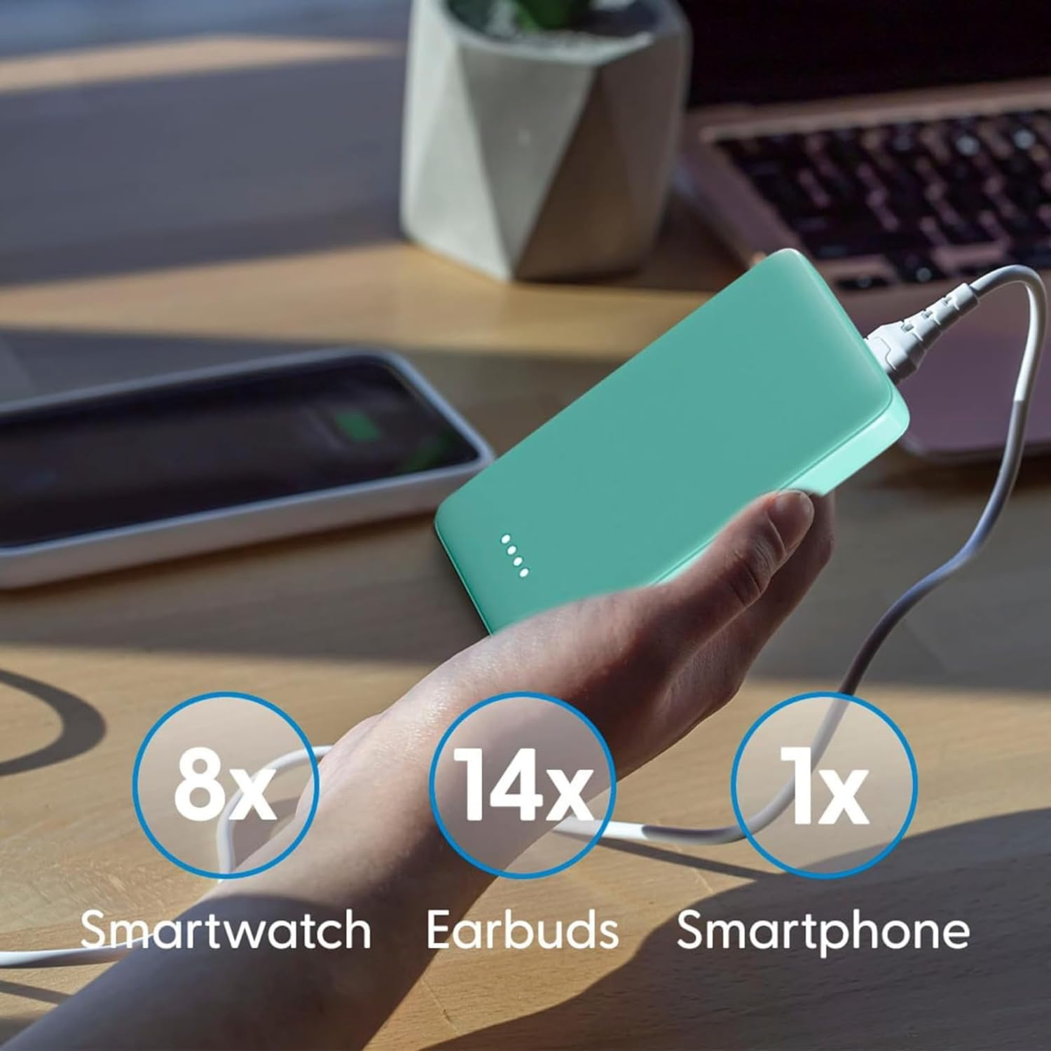 Laser 5000Mah Powerbank Dual USB-A, USB C Charger Ports, 118G Portable Charger, LED Display, 10W, 3-In-1 Cable, Compatible for Iphone15/14/13/12/Pro Max, Samsung, Ipad, Apple Watch, Tablet - Aqua image number 5