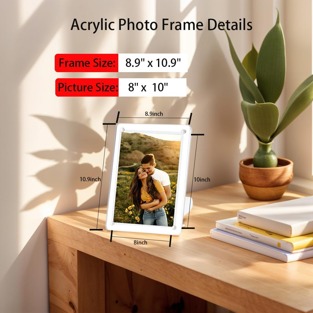 2 Pack Acrylic Clear Picture Frames with Stand, Magnetic Acrylic Photo Frames for Tabletop Display Horizontally or Vertically, Floating Frame for Home Office,10 Inch - 10Pcs image number 7