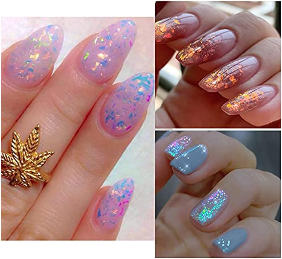 Holographic Opal Nail Art Glitter Flakes Powder Aurora Iridescent Pigment Ice Crystal Mermaid Paillettes Sparkly Sequins Design for Manicure Decoration Accessories 12 Grids image number 2