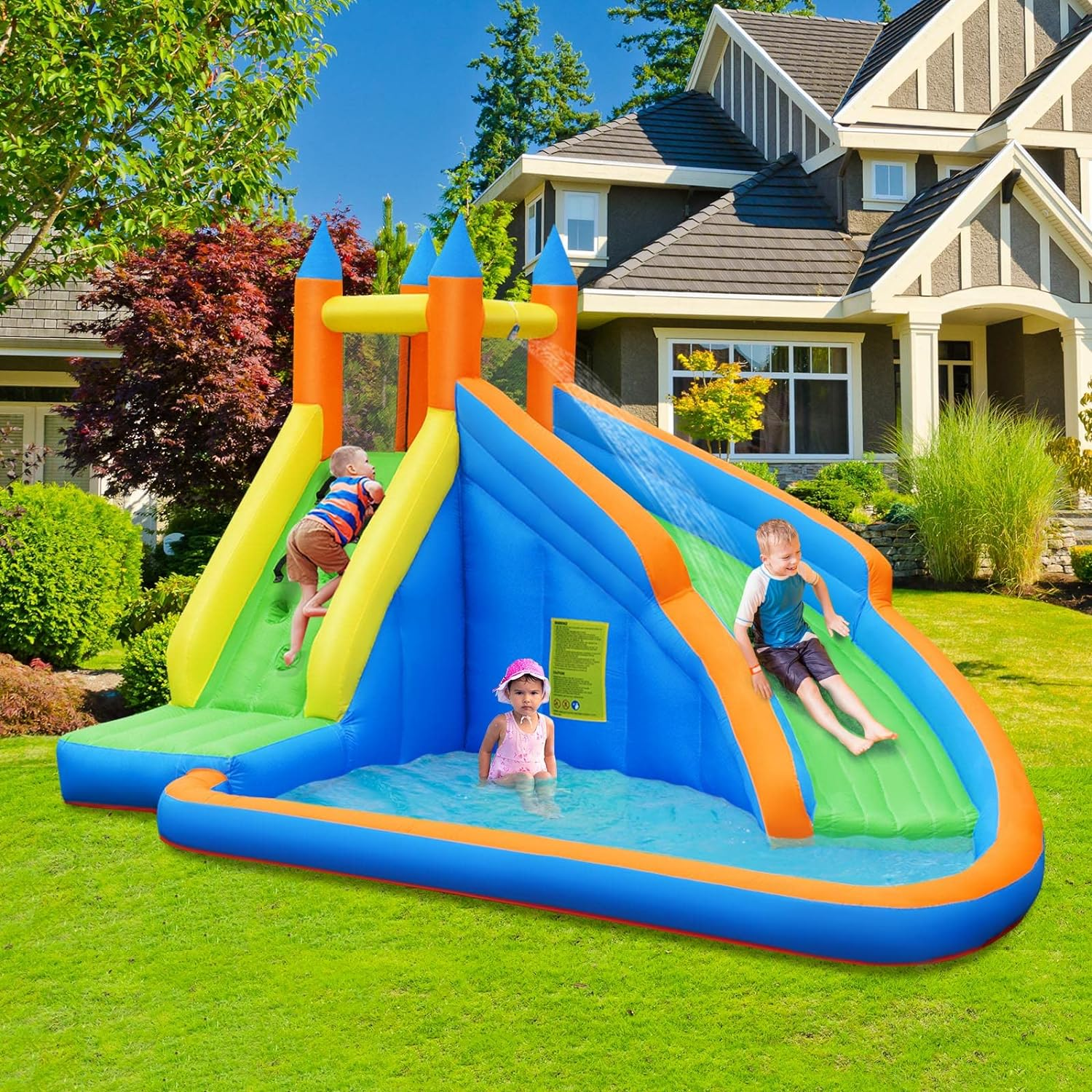 HONEY JOY Inflatable Water Slide Bouncer, Children Wet & Dry Bounce House with Climbing Wall, Long Slide, Splash Pool, Inflatable Water Park W/Oxford Carry Bag, Repairing Kit, Stakes (Without Blower)