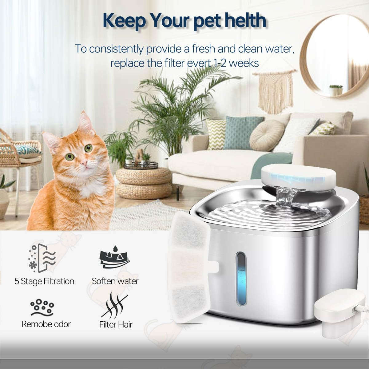 Acmerota Cat Water Fountain Replacement Filter for Oneisall PW04 3.5L Wireless 5000Mah Battery Operated Stainless Steel Cat Fountain, 12+12 Pcs, with 12Pcs Pump Filter & Clean Brush image number 6