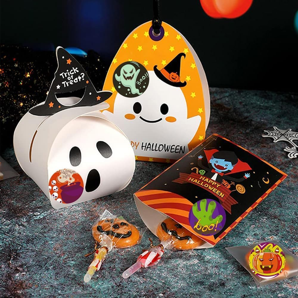 Halloween Sticker for Kids, 500 Pcshalloween Pumpkin Bat Spider Stickers Roll,10 Vibrant Colors and Designs, round Seal Label Stickers, Envelope Seals Paster for Halloween Party Decorations