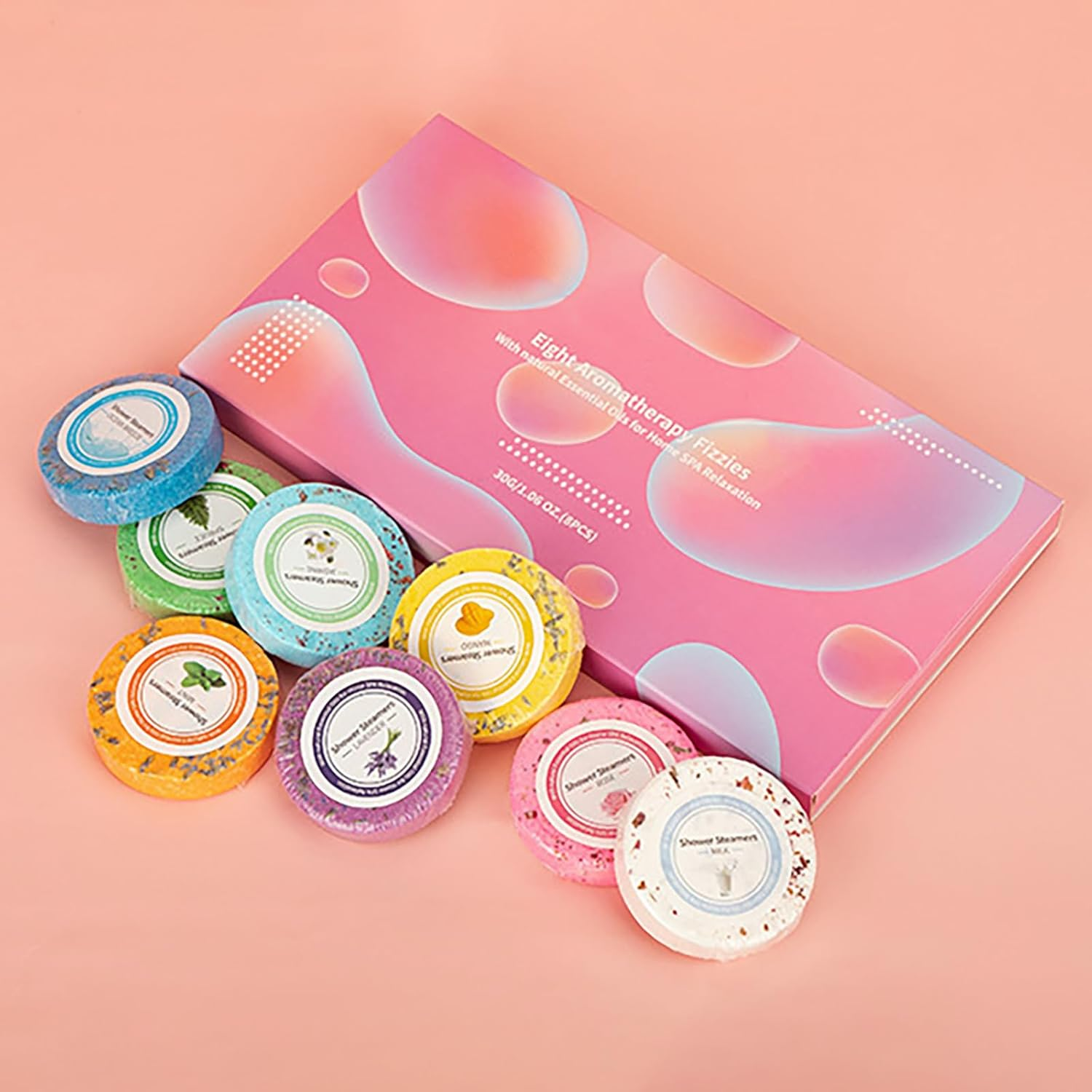 Aromatherapy Shower Steamers, 8 Pcs with Box, 8 Fragrances, Shower Bomb Tablets Set, Natural Ingredients, Self Care, Relaxation for Women Men, Lavender, Mint, Milk, Rose, Mango, Jasmine image number 6