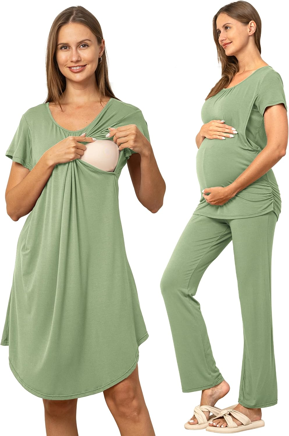 SUNNYBUY Women 3 PCS Maternity Nursing Nightgown Dress & Short Sleeve Breastfeeding Top & Pregnancy Pants Sleepwear Set