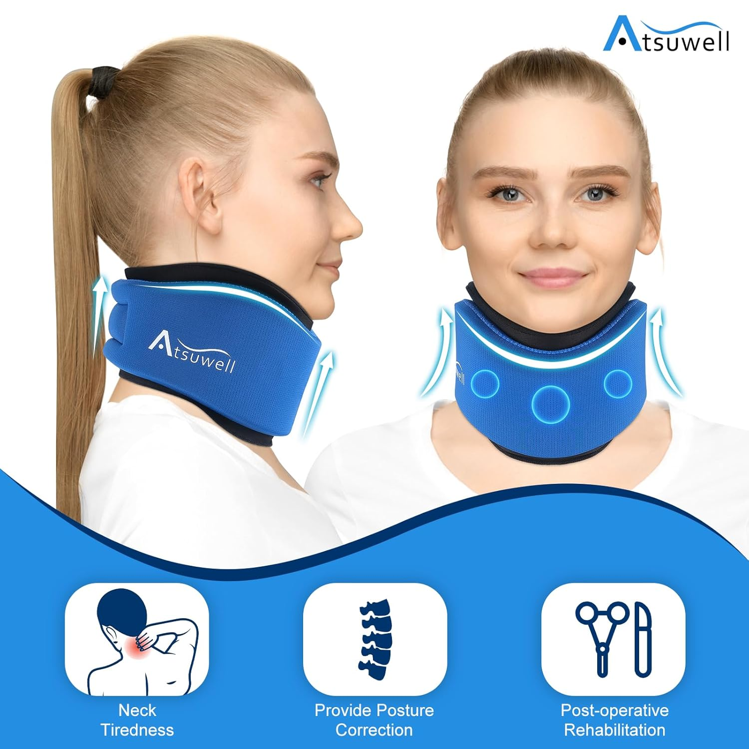 Atsuwell Neck Brace for Sleeping, Soft Cervical Collar for Neck Pain and Support, Adjustable Neck Support Brace with Hot Cold Gel Packs Reusable for Office Pressure, Surgery Recovery, Fatigue, Blue image number 2