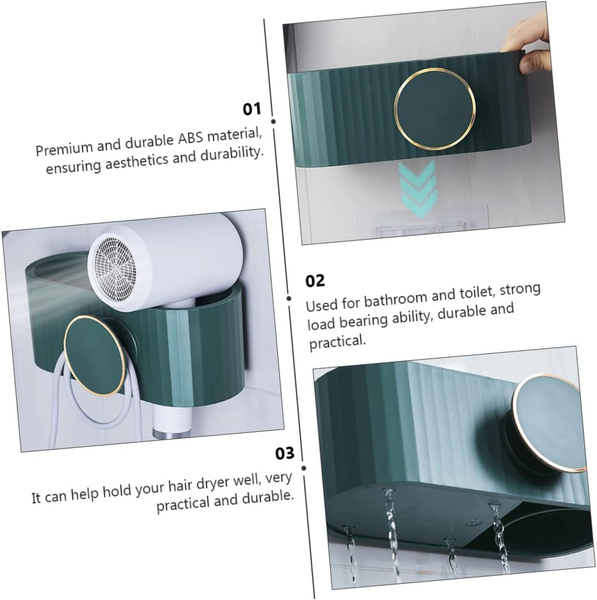 WRITWAA Wall Mounted Hair Dryer Storage Rack Bathroom Organizer Space Saving Holder in Peacock Green for Hairdryer and Accessories Practical Bathroom Supply image number 5