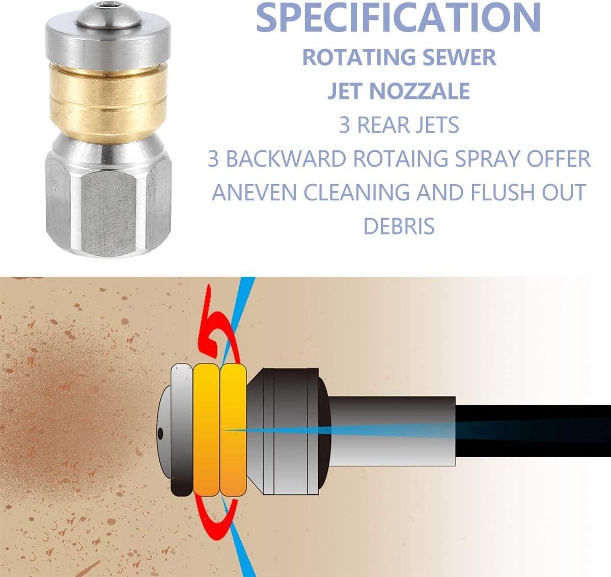 33FT Sewer Jetter Kit, High Pressure Washer Drain Cleaning Hose Kit,1/4 Inch Sewer Jetter Nozzle Kit, Pipes Gutters Cleaning Tool Compatible with K2 - K7 Series Pressure Washer image number 4