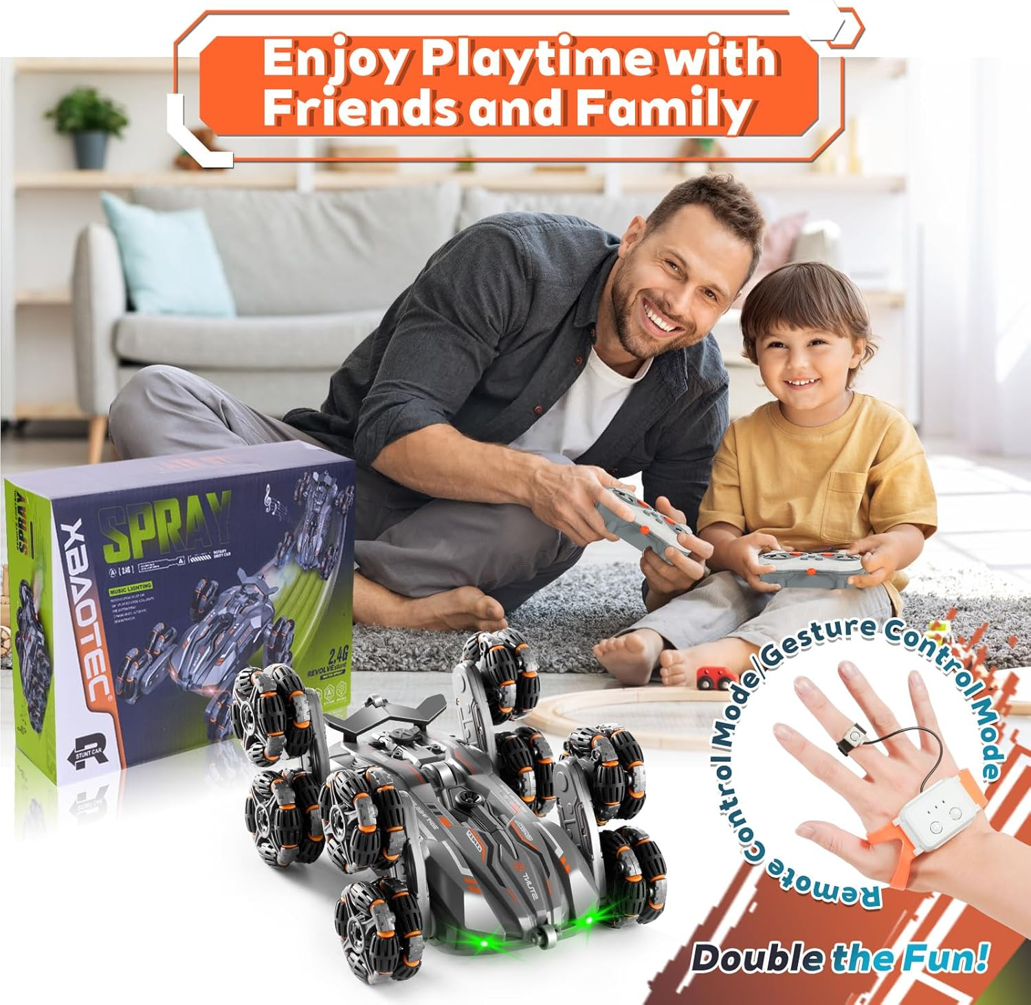 8WD Remote Gesture Sensing Stunt Control Car with Light Spray Effect, Music & Automatic Demonstration 8 Wheel 360&deg;Flip Double Sided Rotate Stunt Car, 2.4Ghz RC Car Toy for Age 3-6 7-13 Kids Gifts image number 2
