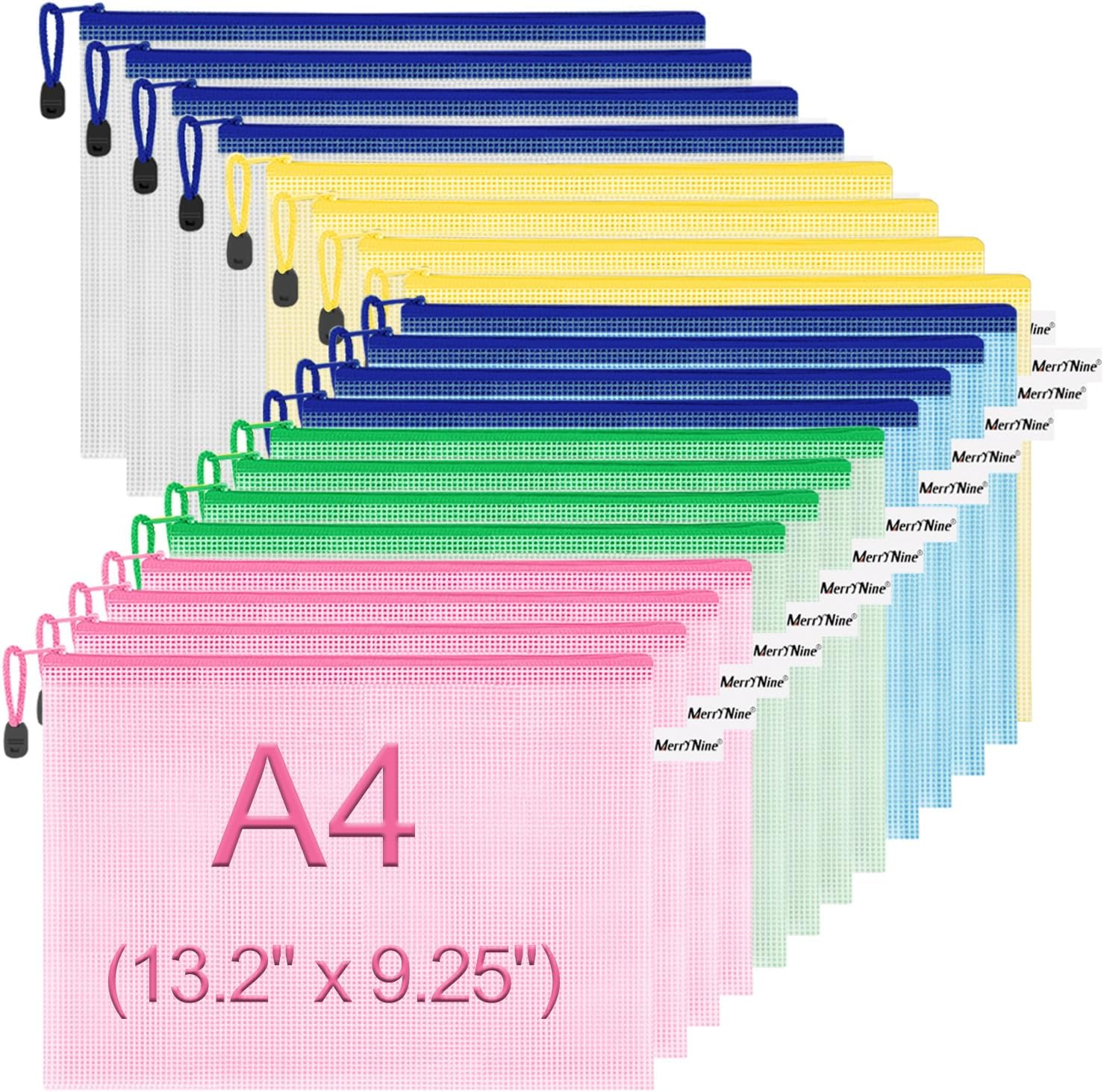 Merrynine 20 Pack A4 Mesh Zipper Pouch Document Bag, Merrynine Letter Size Waterproof Document Pouch for School Office Supplies, Cross Stitch File Folders Organizing Storage A4 Set (Mixed Color)