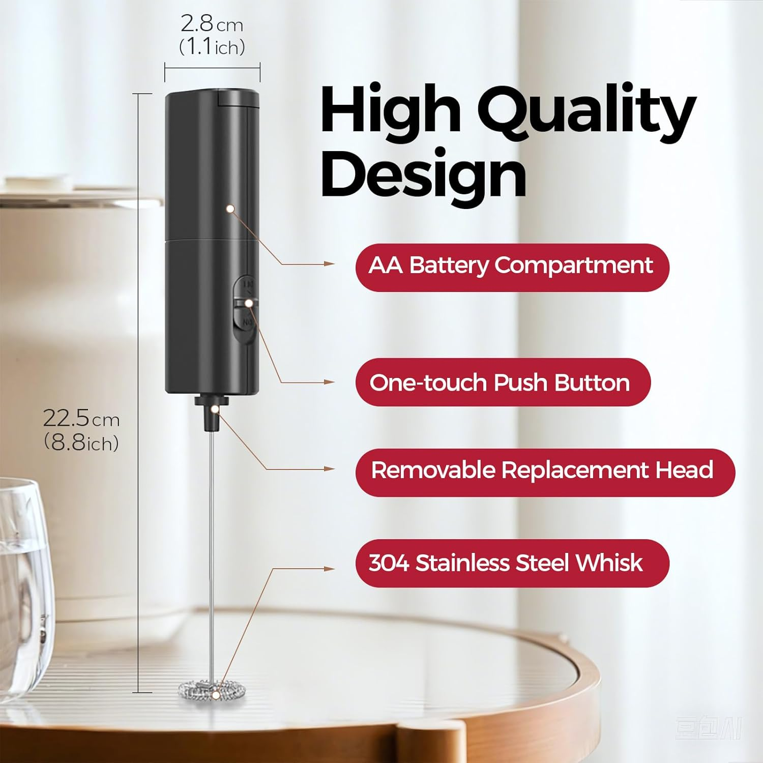 YARRAMATE Milk Frother Handheld, Fast Battery Operated Electric Whisk, Hand Held Milk Frother, Coffee Frother Maker for Lattes, Cappuccino, Matcha, Hot Chocolate (Black) - 03_Black Battery Version image number 2