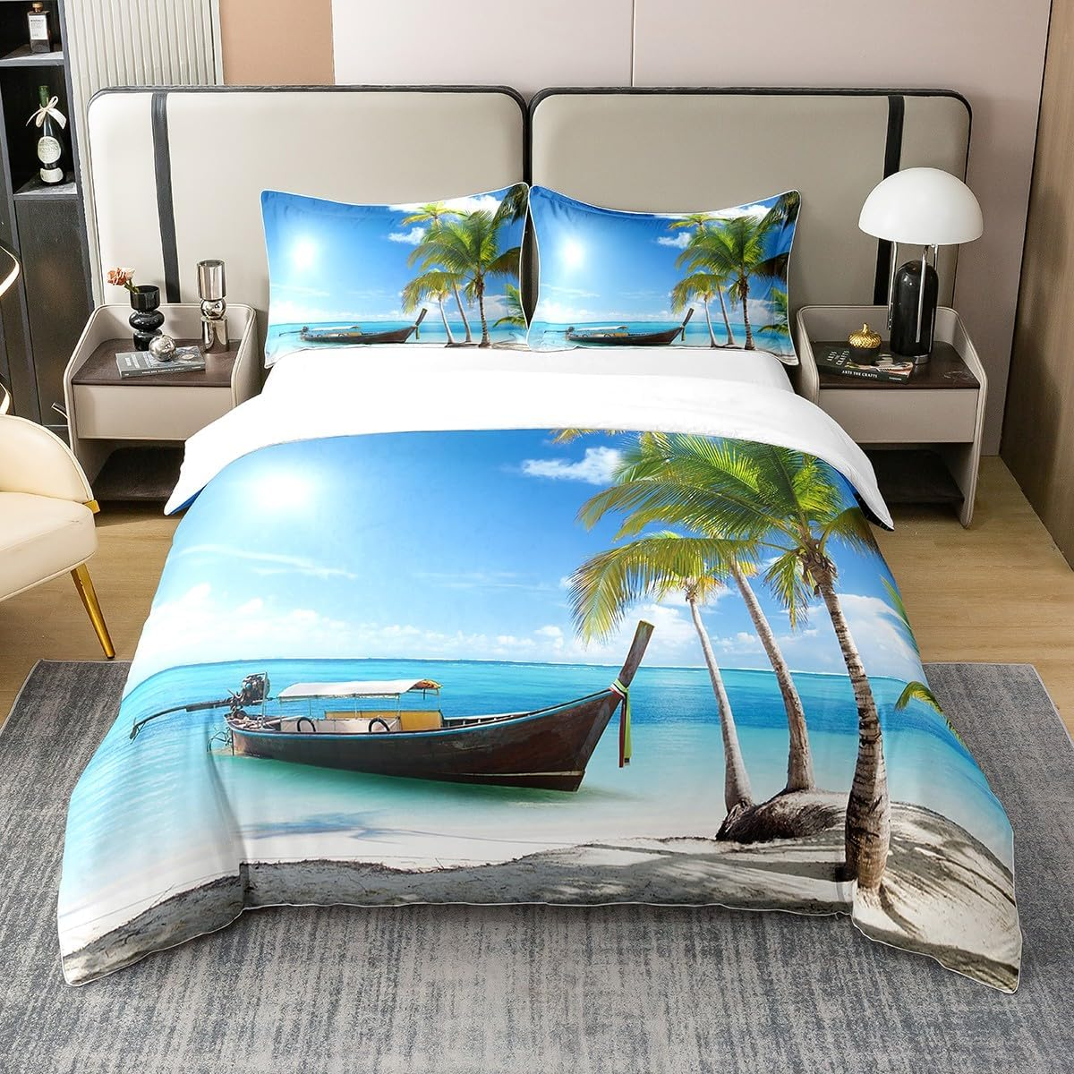 100% Cotton Ocean Comforter Cover 135 X 200 Cm, Hawaii Beach Decor Bedding Set for Children Adults, Tropical Plam Tree Duvet Cover Summer Bed Linen, Retro Sailing Boat Quilt Cover with 1 Pillowcase image number 6