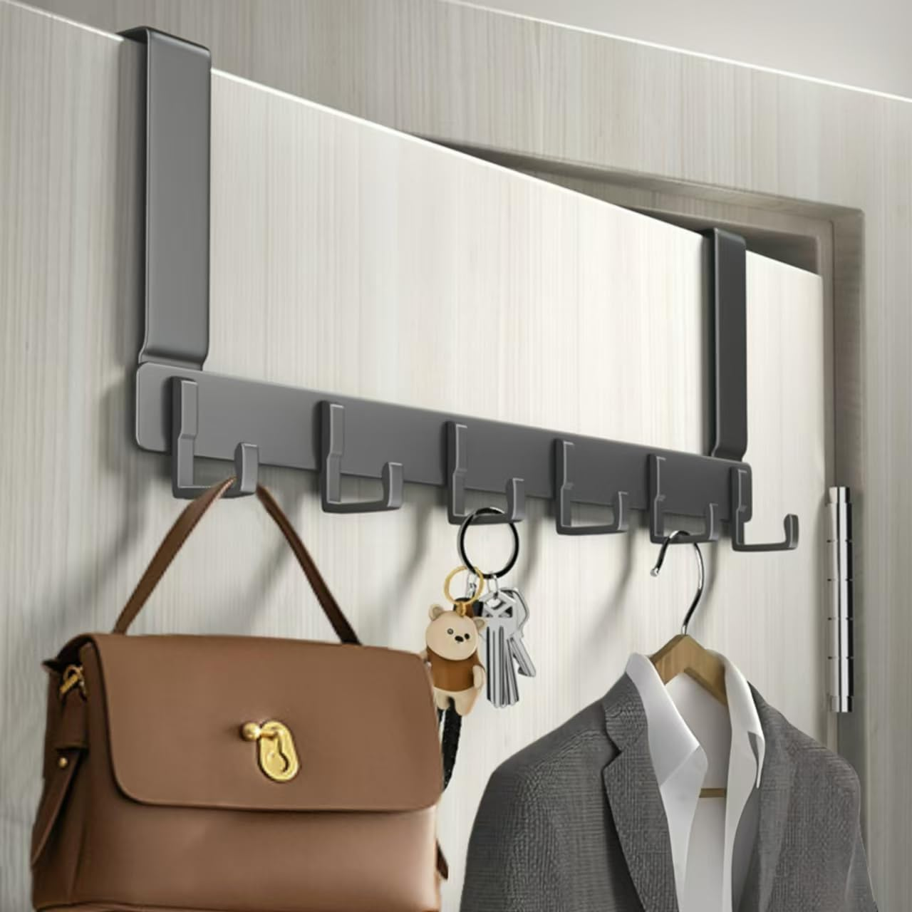 Over the Door Hook Hanger,Door Hanger with 6 Hooks, Door Towel Rack for Hanging Coats, Bags and Hats on the Back of Bedroom and Bathroom Doors - Dark Grey image number 4