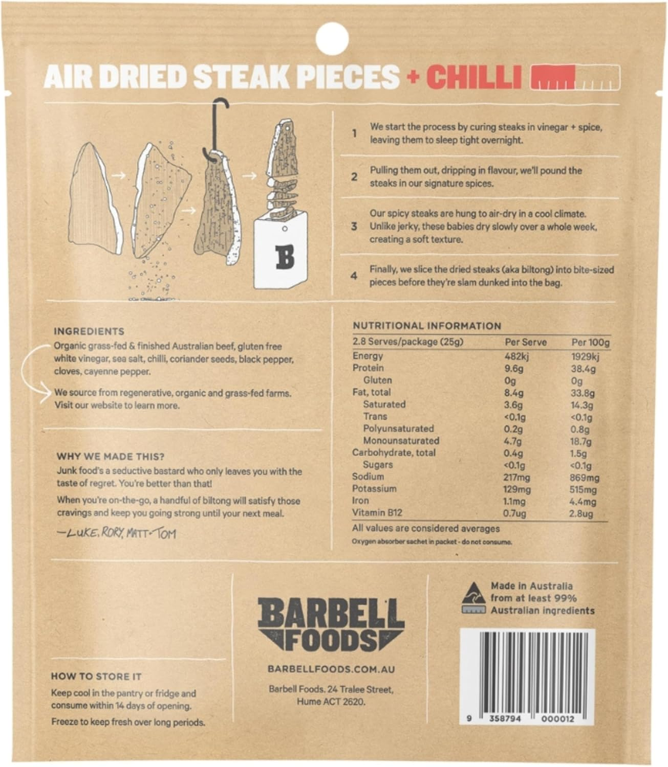 Barbell Biltong Air Dried Steak, Sample Pack, 3X70G Bags (Classic, Chilli & Sea Salt), Grass-Fed Beef, High Protein Meat Snack image number 4