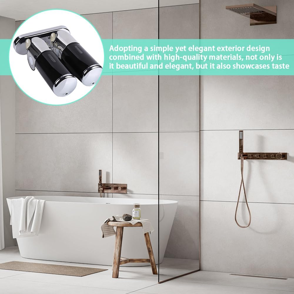 Wall Mounted Bathroom Shower Pump Dispenser, 2 Chamber Dispenser and Organizer-Holds Shampoo Soap Conditioner Shower Gel for Bathroom Kitchen Hotel (Black 2 Chamber) image number 1