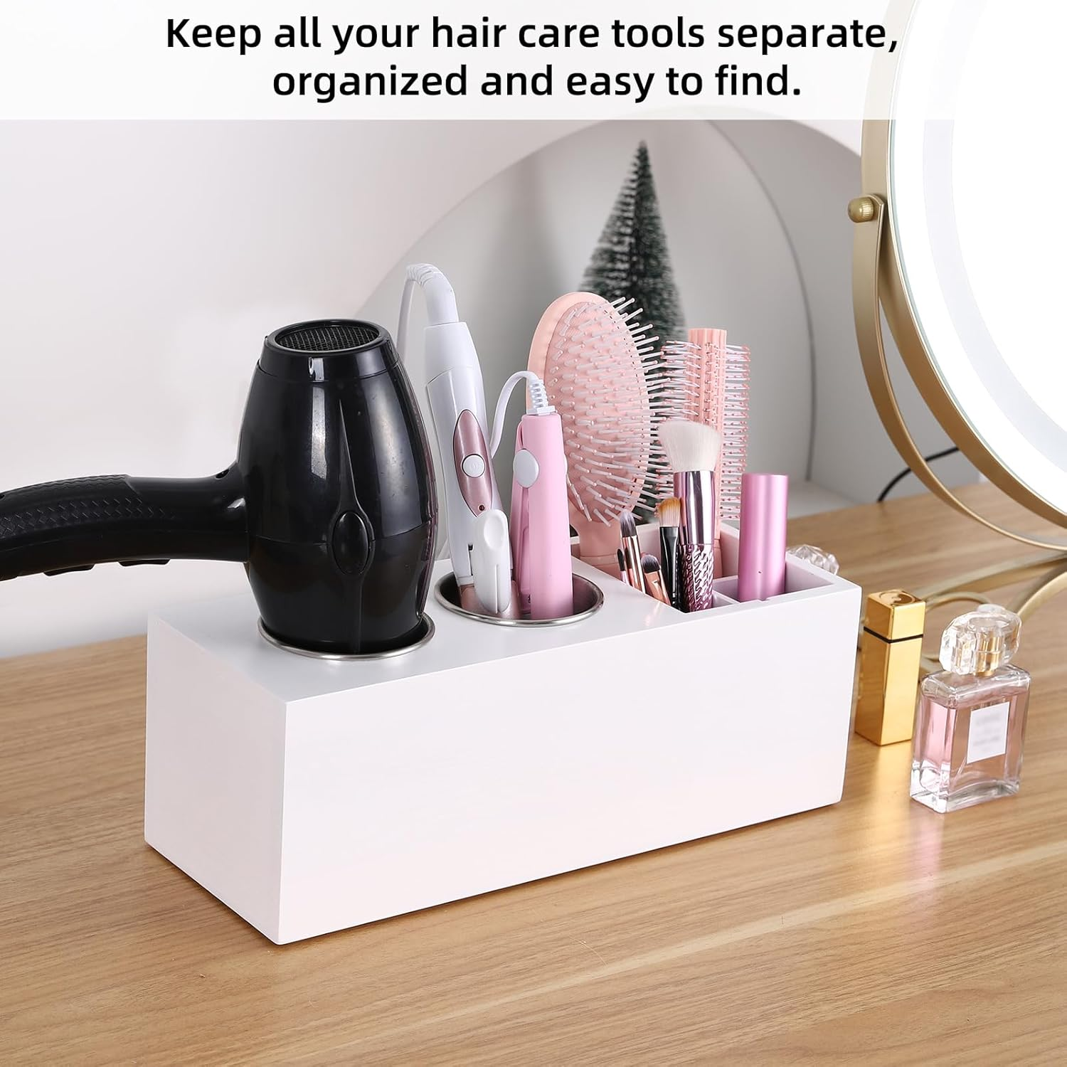 RAIKEDR Hair Dryer Countertop Holder, Hair Tool Organizer Wall Mount, Blow Dryer Holder Cabinet Door Organizer, Bathroom Countertop Blow Dryer Holder and Curling Iron Holder (Cedar Wood, White) - White image number 3