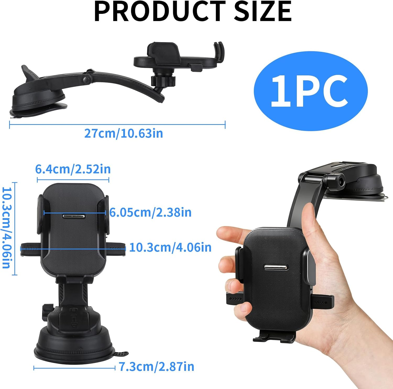Car Phone Holder with Textured Surface, Stretch - Adjustable Arm, PC + ABS Material, Strong Suction Mount 360&deg; Rotation for Dashboard/Windshield, Compatible with 4.5" - 7" Smartphones (Black) image number 1