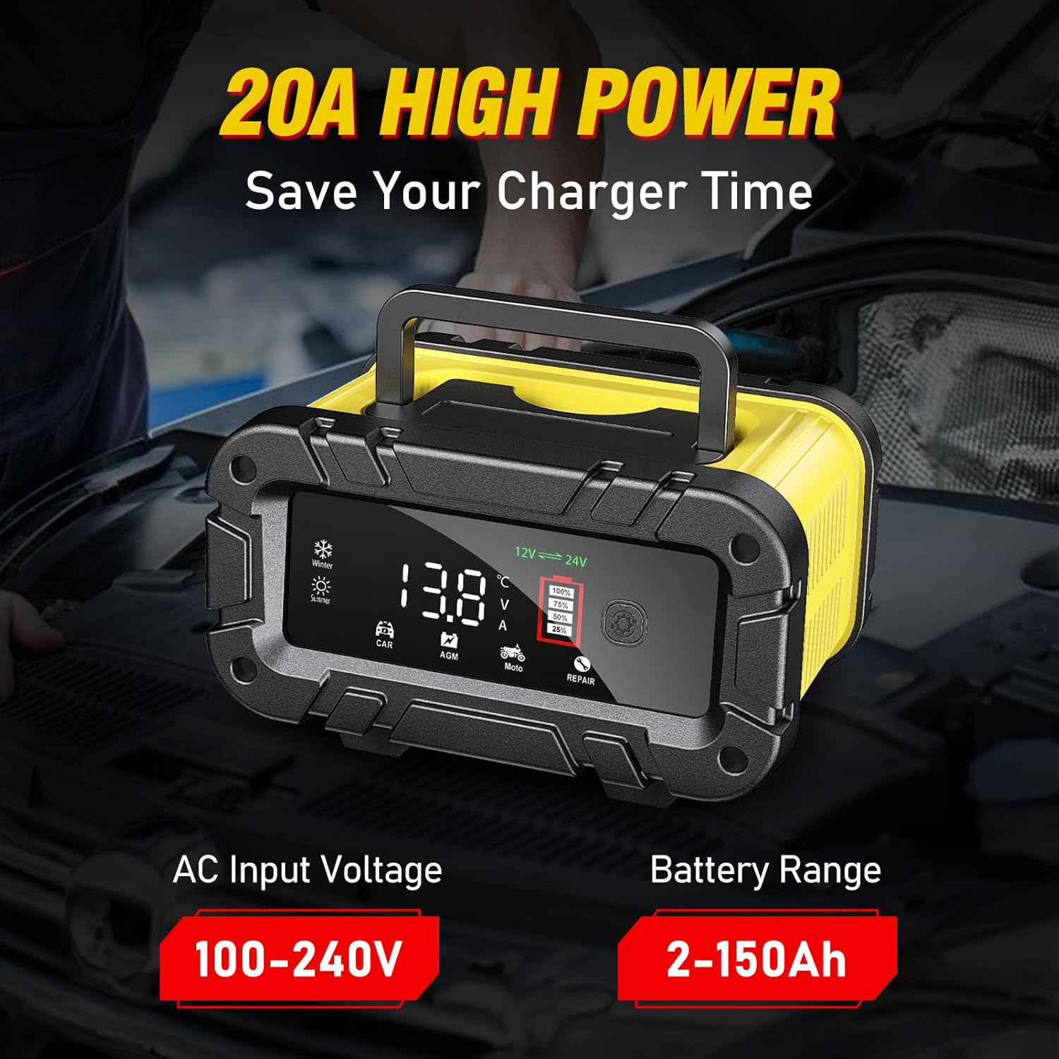 12V / 24V Car Charger, 20A Multi Protections Motorcycle Battery Charger, Intelligent LCD Screen Fully Automatic Battery Charger for Motorcycles, Boats, Cars, Agm/Lithium Battery (Black,Yellow) image number 5