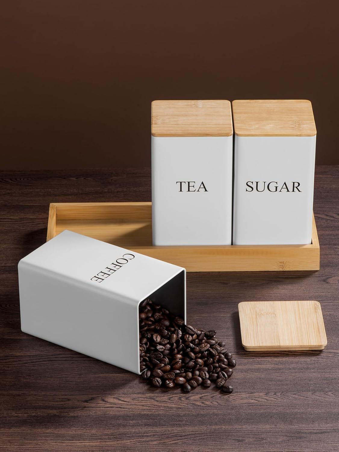 Alerrawia 4 Pcs Tea Coffee Sugar Canister 1000 Ml Metal Coffee Tea Sugar Container with Airtight Bamboo Lid and Name Marker Food Storage Containers Jars for Coffee Sugar Tea White Container image number 4
