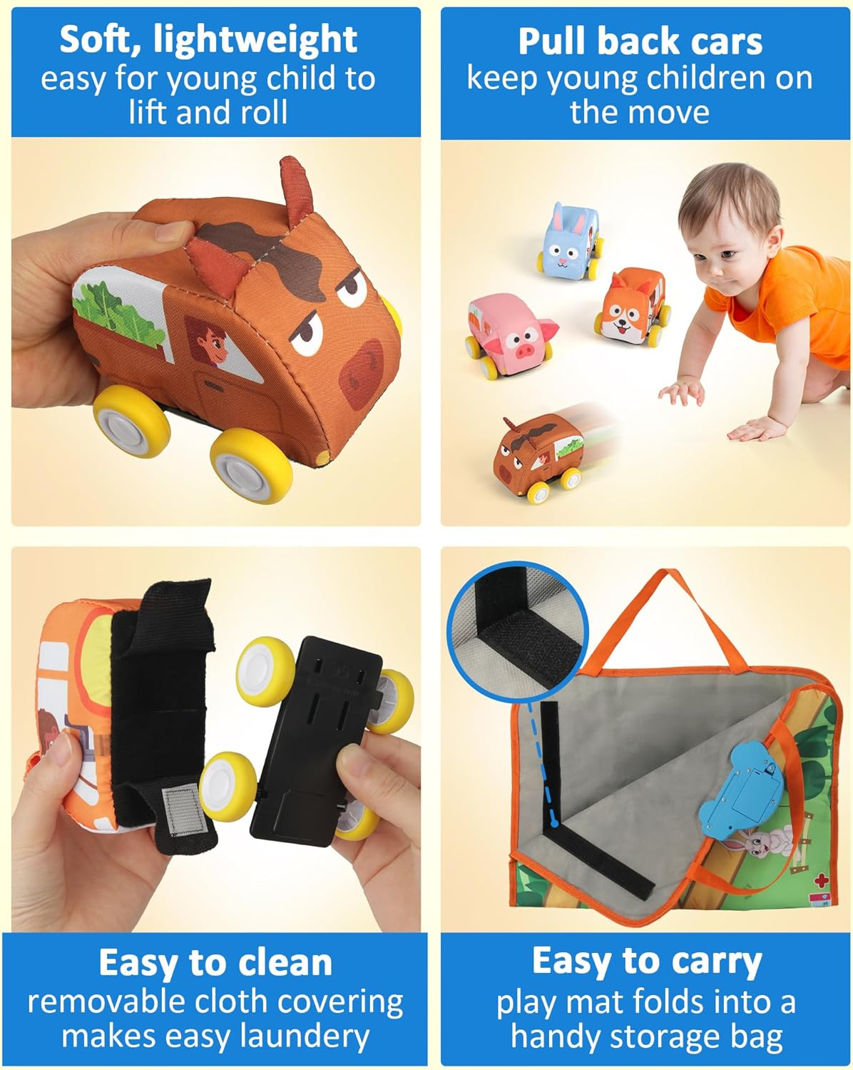 Coogam Farm Animals Toys for Year Old Toddlers, Soft Pull-Back Vehicle Set with Audible Play Mat Rug, Baby Fine Motor Skills Playmat Game Montessori Learning Gift image number 2