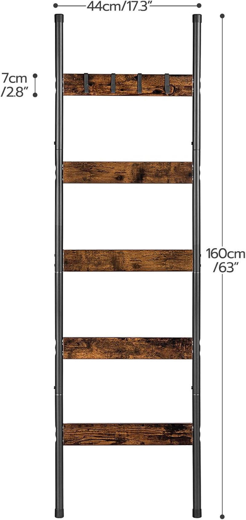 HOOBRO Blanket Ladder, 5-Tier Towel Rack with Hooks, Wall-Leaning Blanket Rack, Decorative Display Ladder Shelf, Scarves, Industrial, Living Room, Bedroom, Rustic Brown and Black BF52CJ01 image number 6