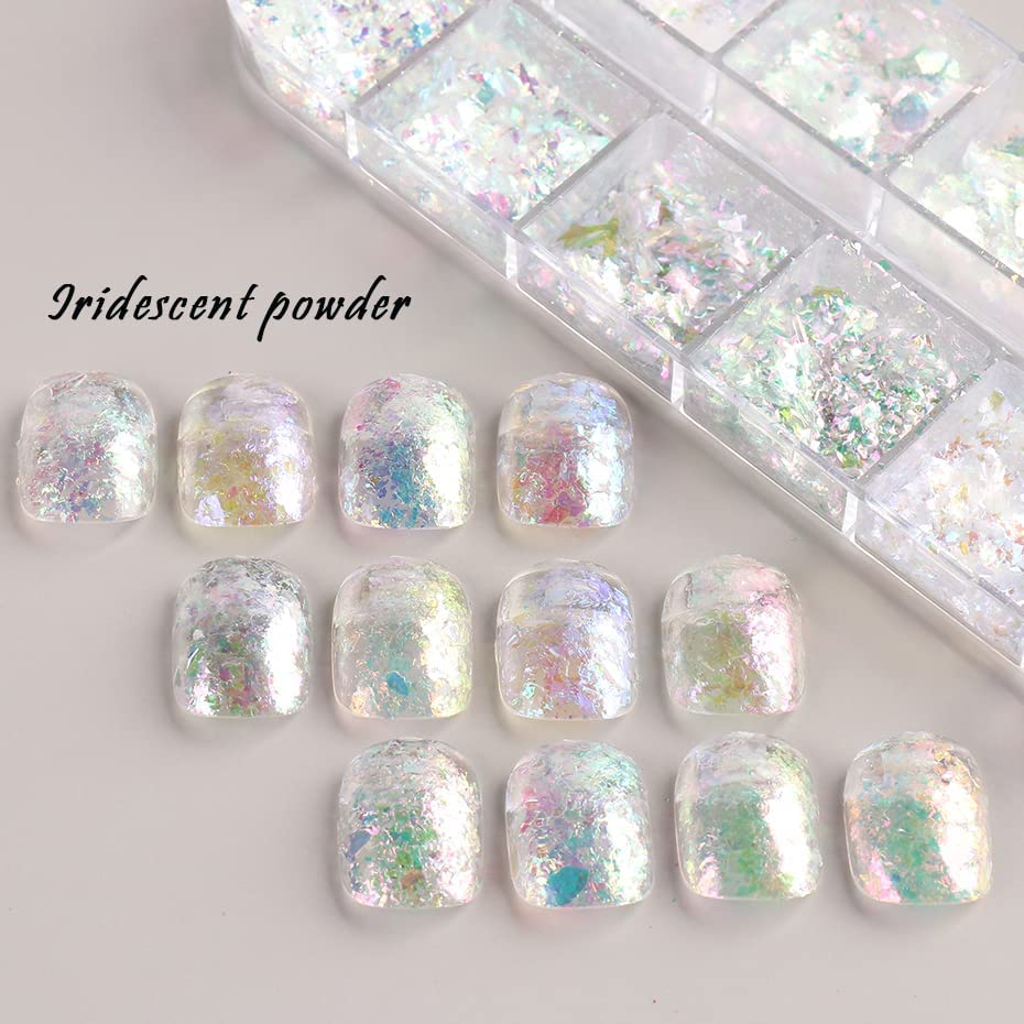 Jmeowio Holographic Nail Art Glitter Iridescent Flakes Foil 12 Grids Mermaid Bright Colorful Star Gradient Ice Slag Sequins Paillettes Summer Decoration image number 2