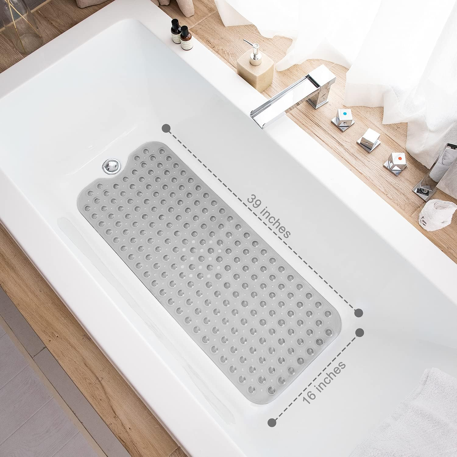 TEESHLY Bathtub Mats for Shower Tub Extra Long Non-Slip Bath Mat, 39 X 16 Inch Shower Mat with Drain Holes and Suction Cups, Bath Tub Mat for Bathroom with Machine Washable (Clear Grey) - Clear image number 7