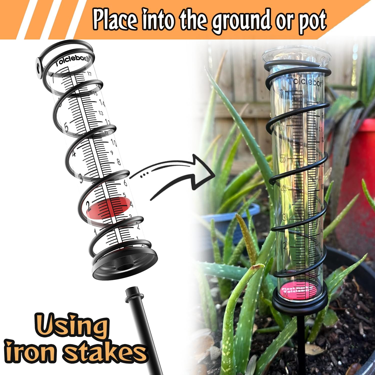 Toiclebor 7" Capacity Glass Rain Gauge,Big Capacity Metal Frame Rain Gauge,Scale Clear,Replacement,Detachable Rain Gauge with Stake,Decorative for Garden,Yard, Deck, Lawn, Landscape image number 3