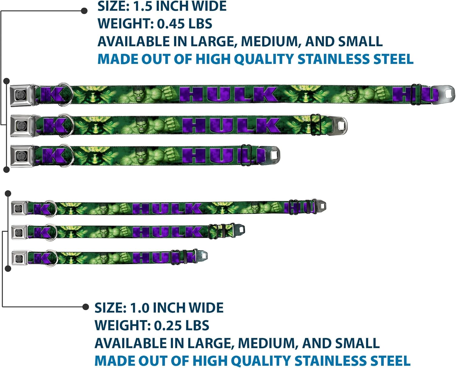 Dog Collar Seatbelt Buckle Hulk Face Close up Action Pose Greens Purples 11 to 17 Inches 1.0 Inch Wide image number 4