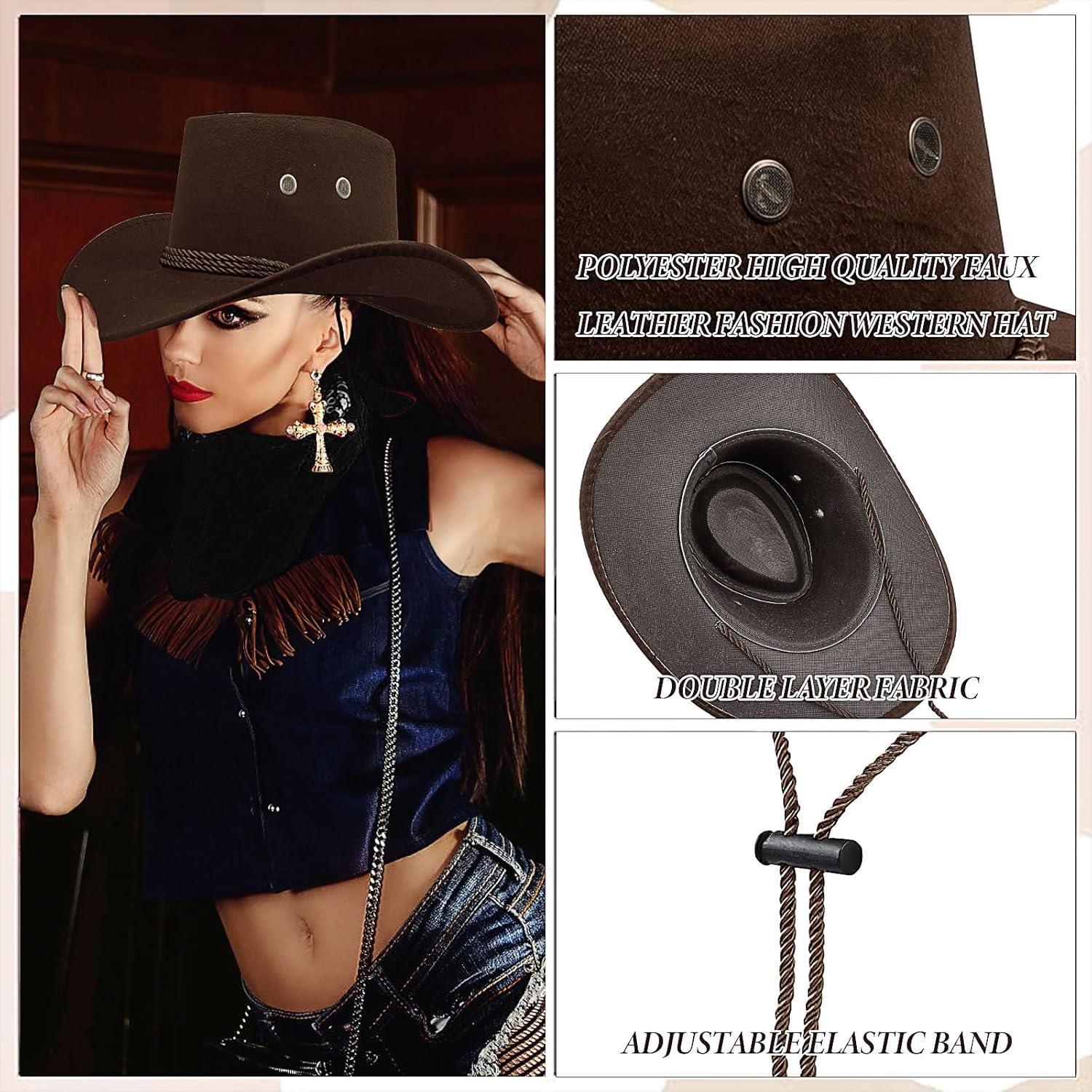 12 Pieces Cowboy Hats and Bandanas Bulk Cowboy Cowgirl Hats Costume Party for Men Woman (Mixed Color) image number 4