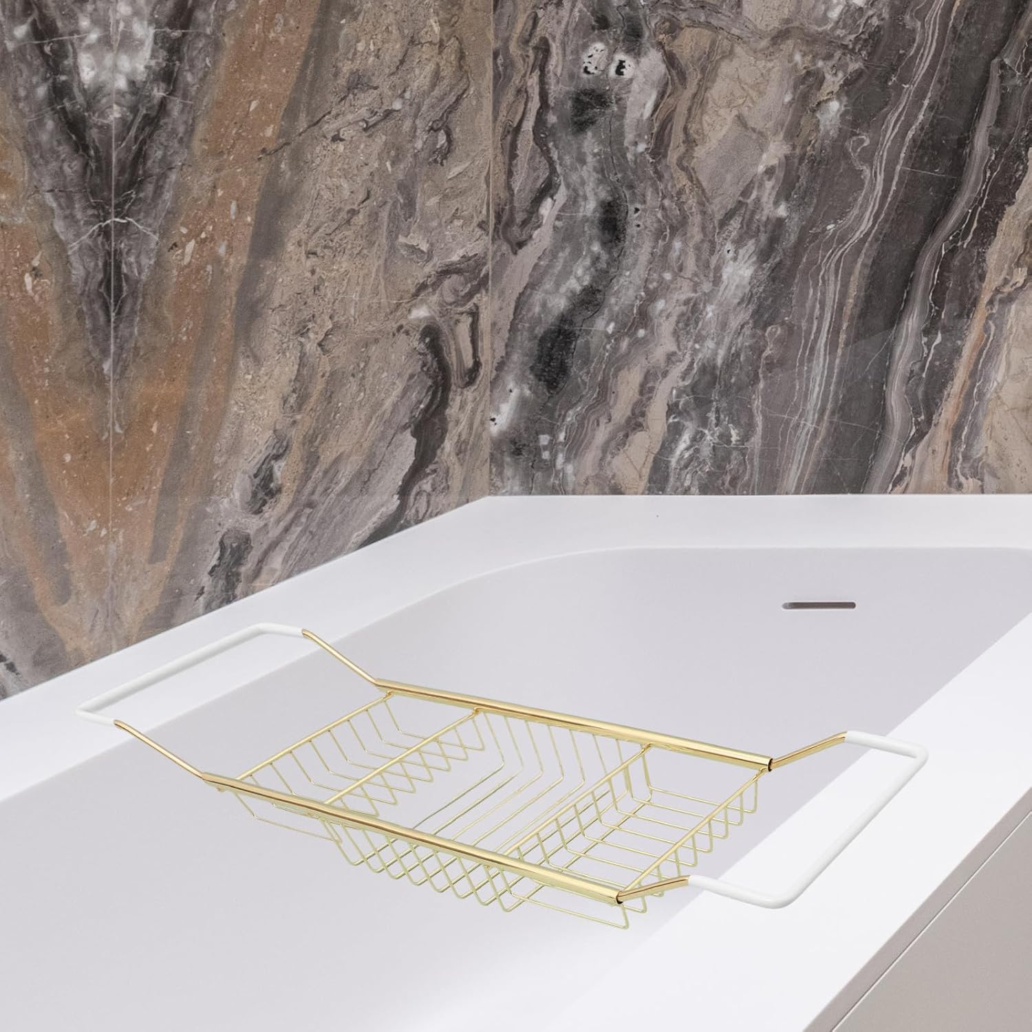 ROMISBABA Adjustable Stainless Steel Bathtub Tray Organizer with Non-Slip Extendable Storage Rack, Gold Bathroom Tub Side Shelf for Mobile Phone and Bath Accessories