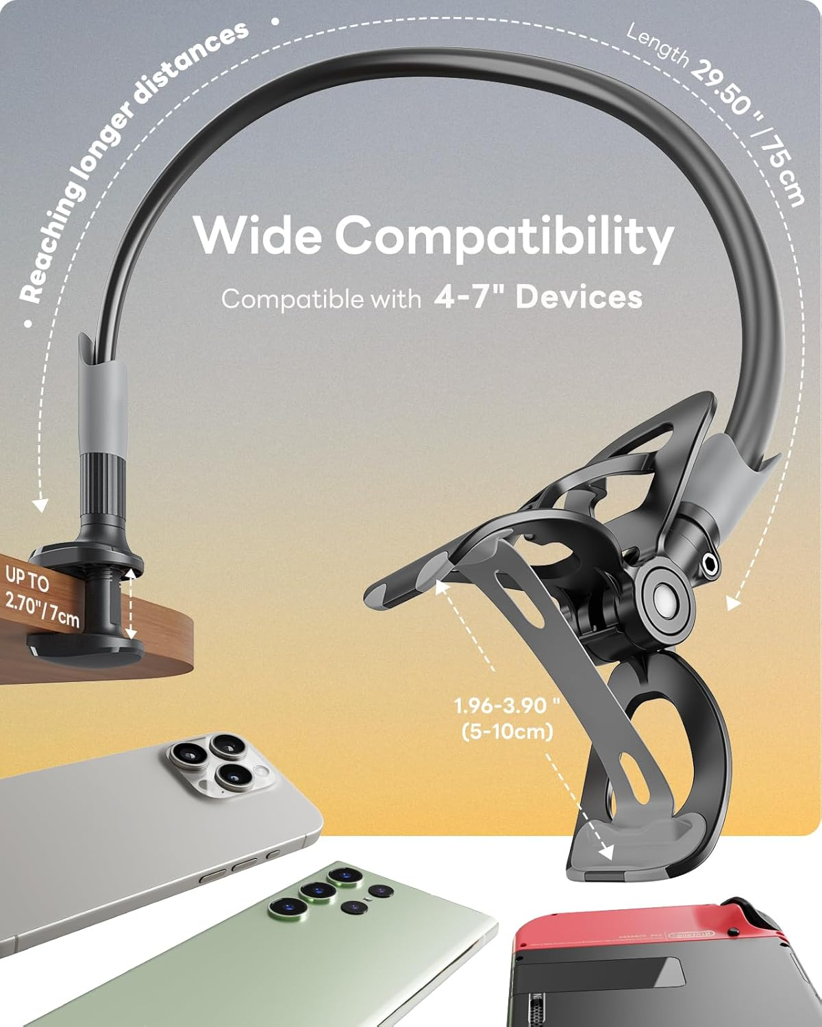 SAIJI Gooseneck Bed Phone Holder, Flexible Long Arm Phone Mount for Desk, Clip Bracket Clamp Stand, Iphone Stand, Mobile Cell Phone Stand Document Camera Nintendo Switch (Black) - Black image number 2