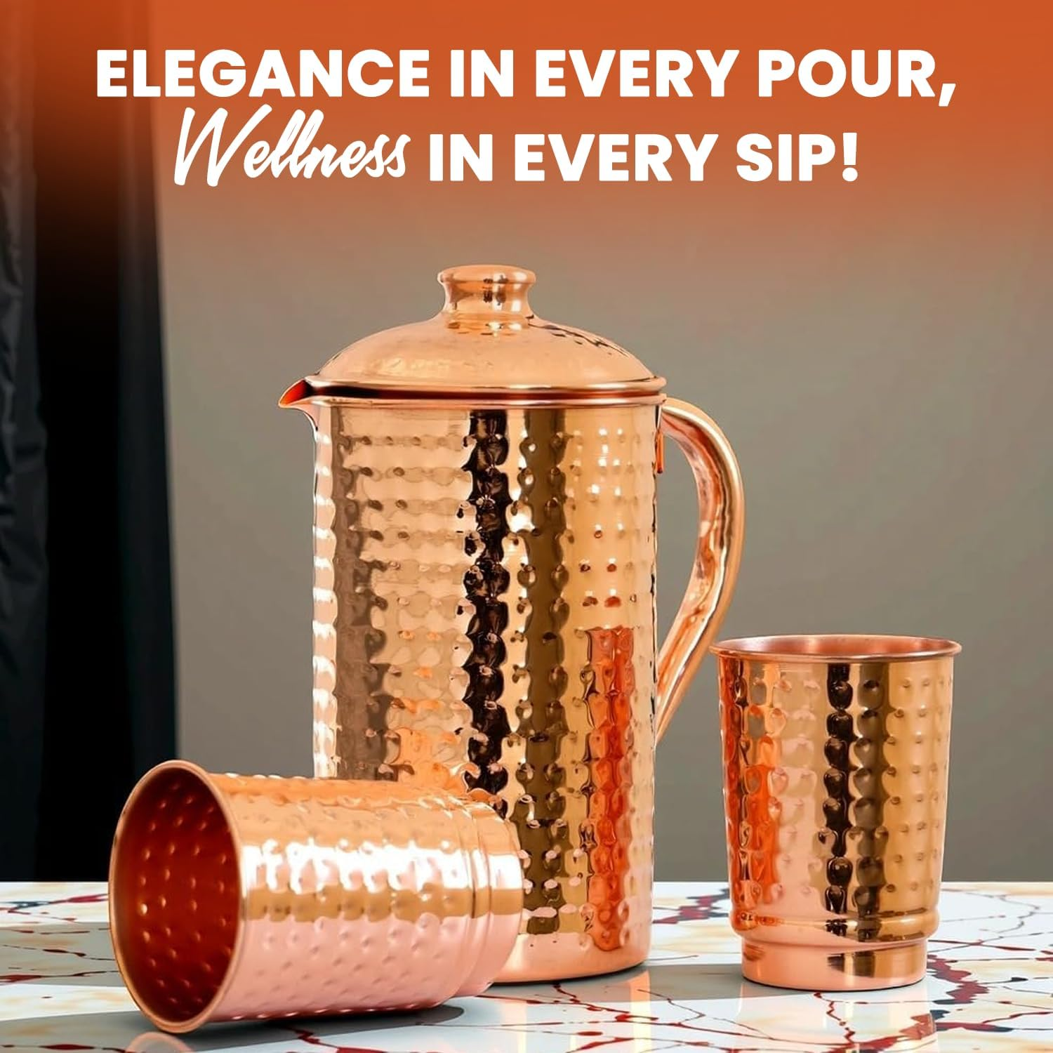 2Activelife Handmade Hammered Design Copper Water Pitcher with 2 Copper Cups | Traditional Copper Pitcher for Drinking and Serving Water in Daily Use (50.7 Fl Oz) image number 3