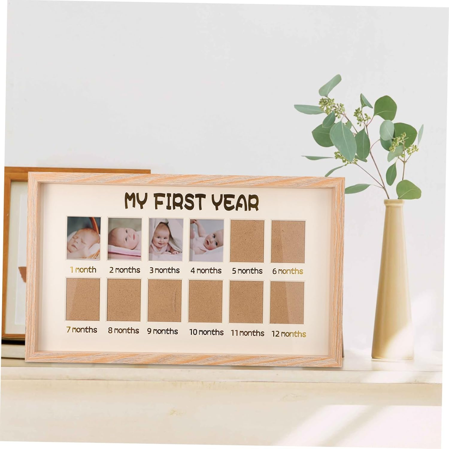 Photo Frame 12 Month Milestone Natural Wood Color Tabletop Memories Picture Frame for Baby First Year Boys and Girls Childrens Display Stand image number 5