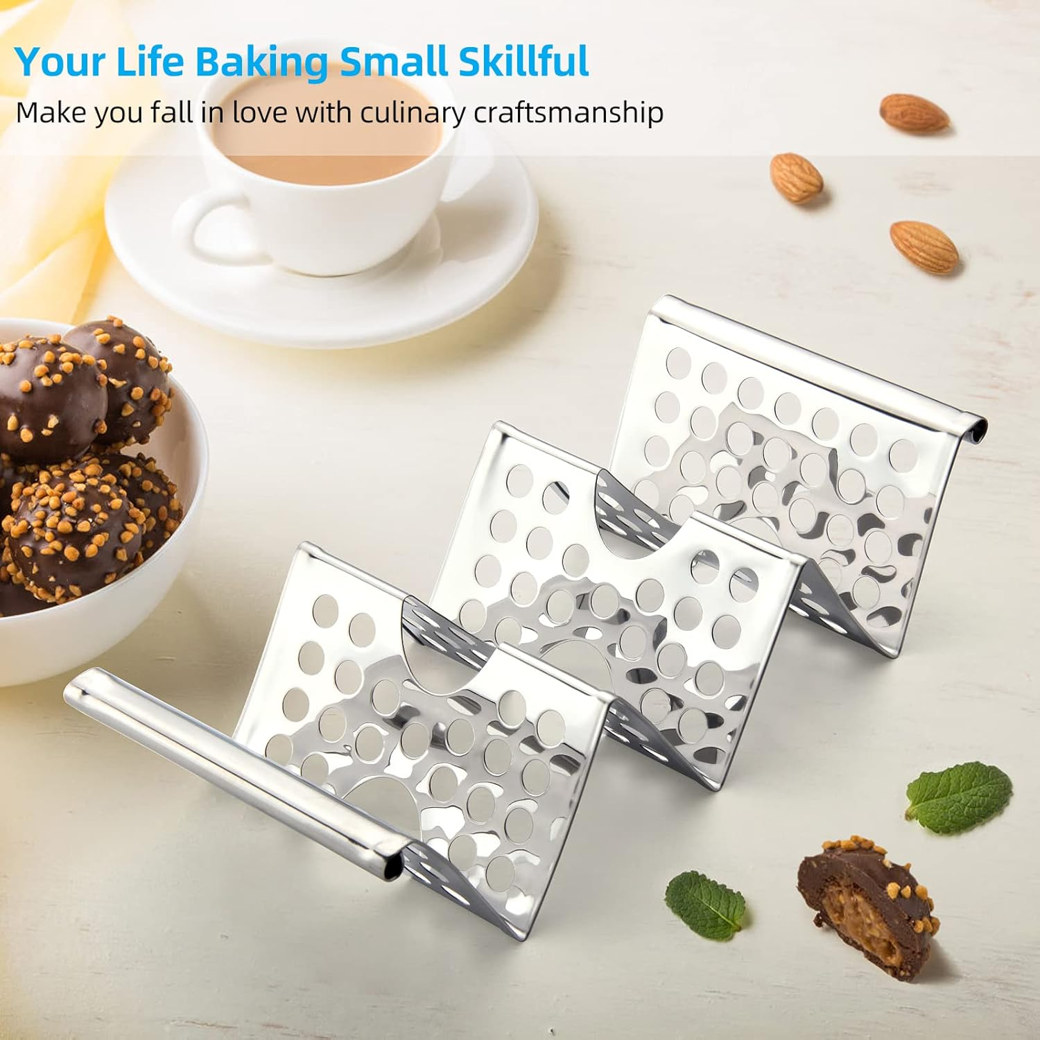 Chbuuero Taco Holders Set of 4, Taco Stand, Stainless Steel Taco Holder, Each Can Hold 3 Tortillas, with Easy-Access Handle, Fits Microwave, Air Fryer and Oven image number 4