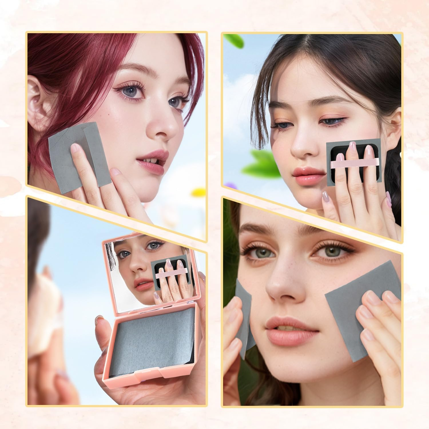 BOROLA 3-In-1 Oil Blotting Paper Set for Face Oil Absorbing Sheet with Portable Mirror & Adhesive Makeup Puff, Blotting Paper for Oily Skin, Design for Men & Women(100 Sheets, Pink Bow) image number 1