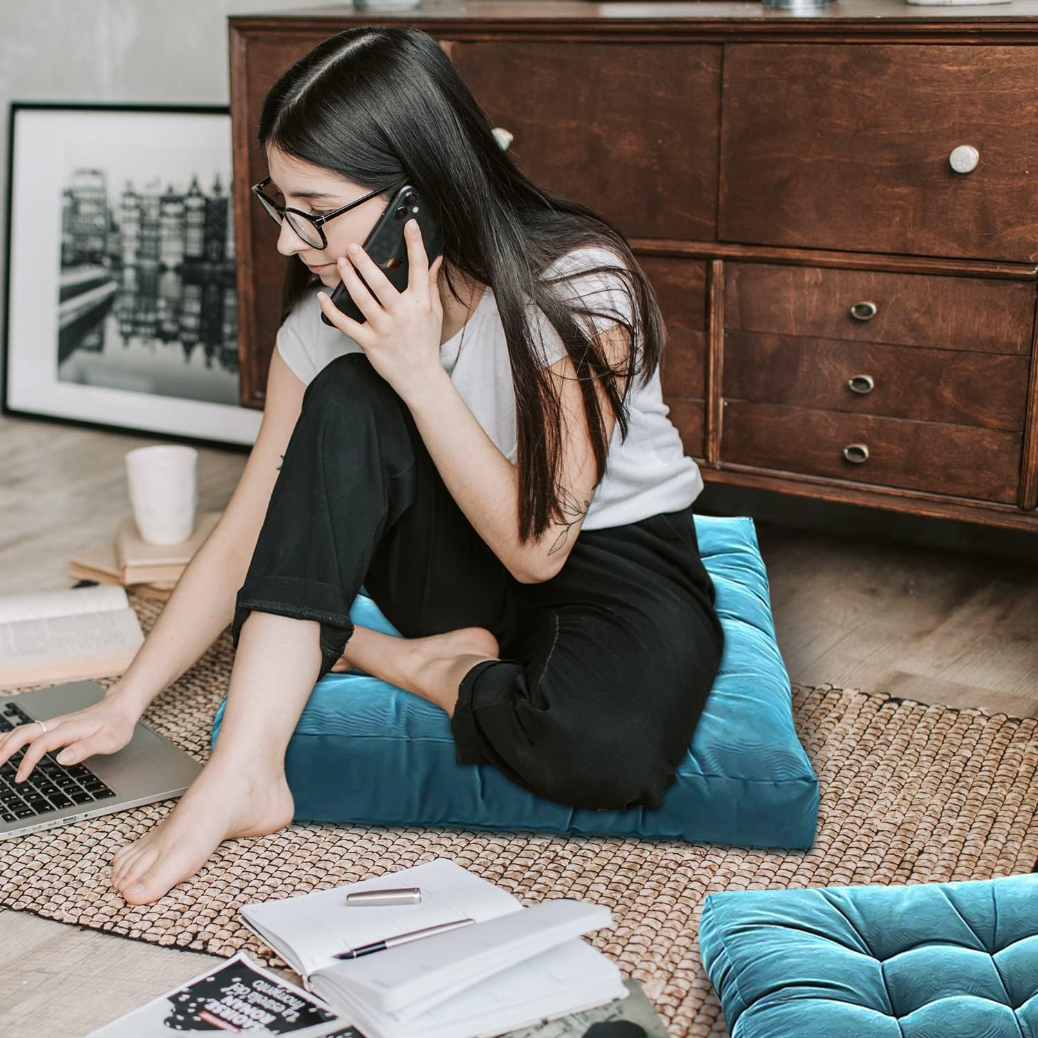 Meditation Floor Pillow, Square Large Pillows Seating for Adults, Blue Tufted Corduroy Cushions for Outdoor Yoga Tatami Fireplace Living Room, Memory Foam Filing, Blue, Cushion 22 X 22 Inch